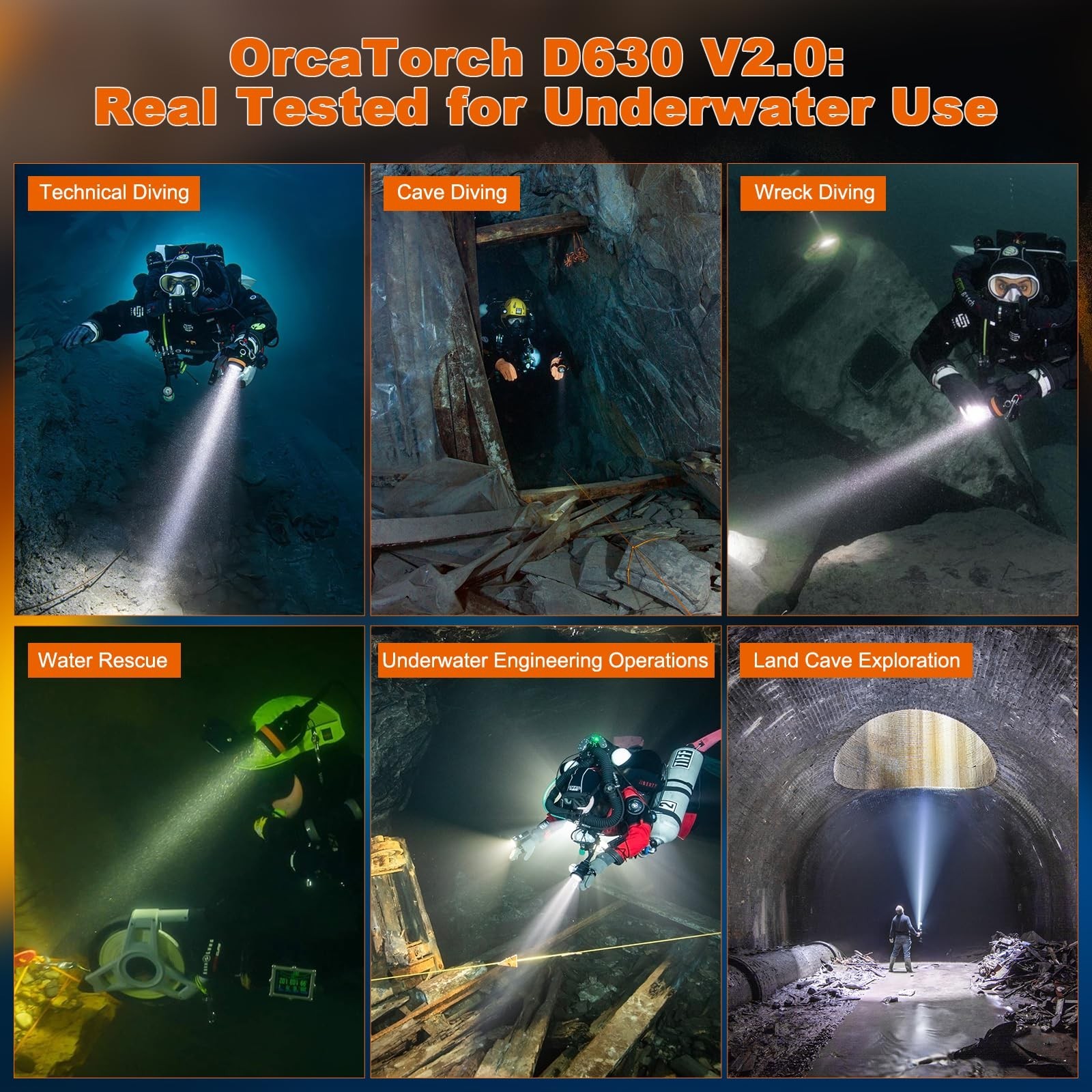 ORCATORCH D630 V2.0 4000 Lumen 5 Imported LED Primary Canister Dive Light Str…