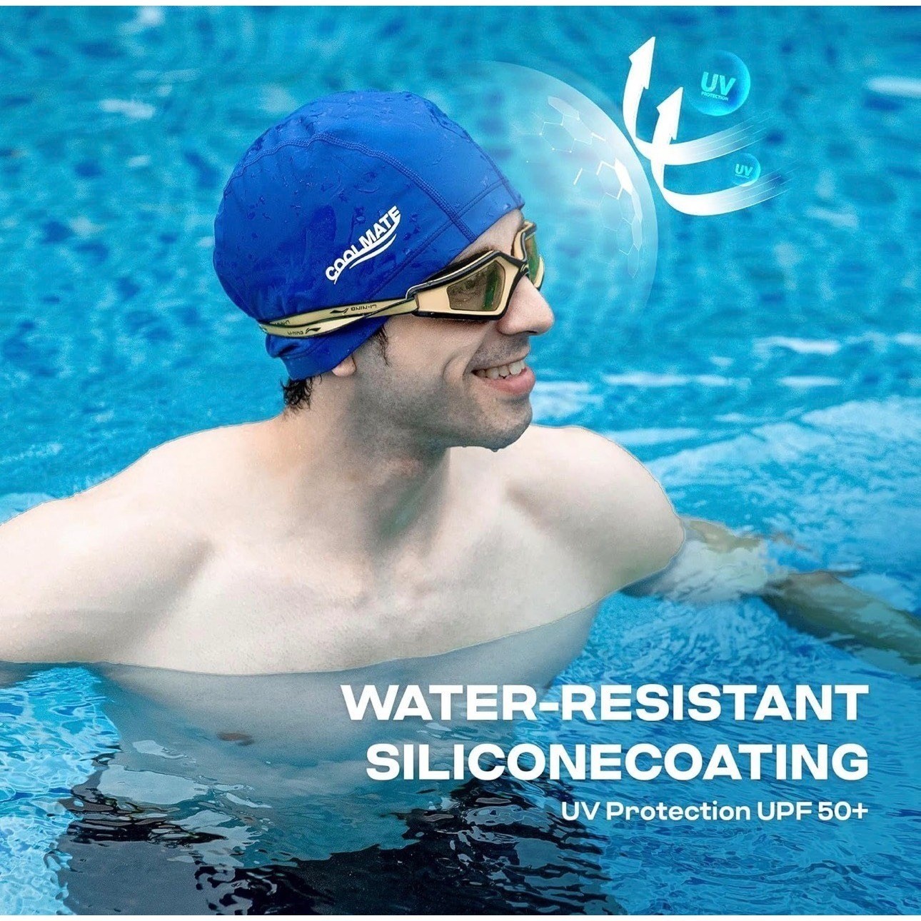 COOLMATE Fabric Swim Cap Blue Large Silicone Water Resistant Lightweight Cloth