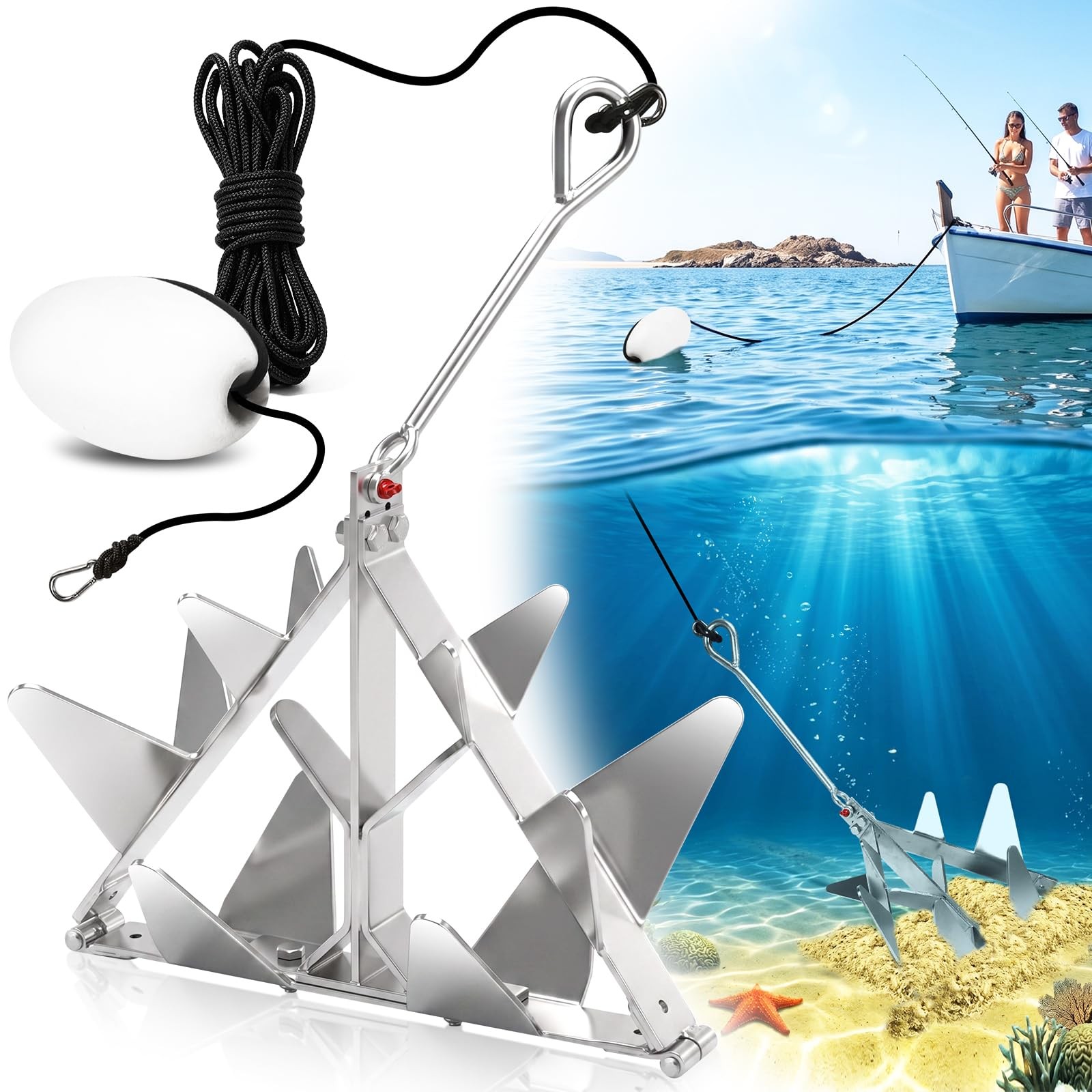9 lb Galvanized Steel Boat Anchor Kit Folding for Small and Medium Boats