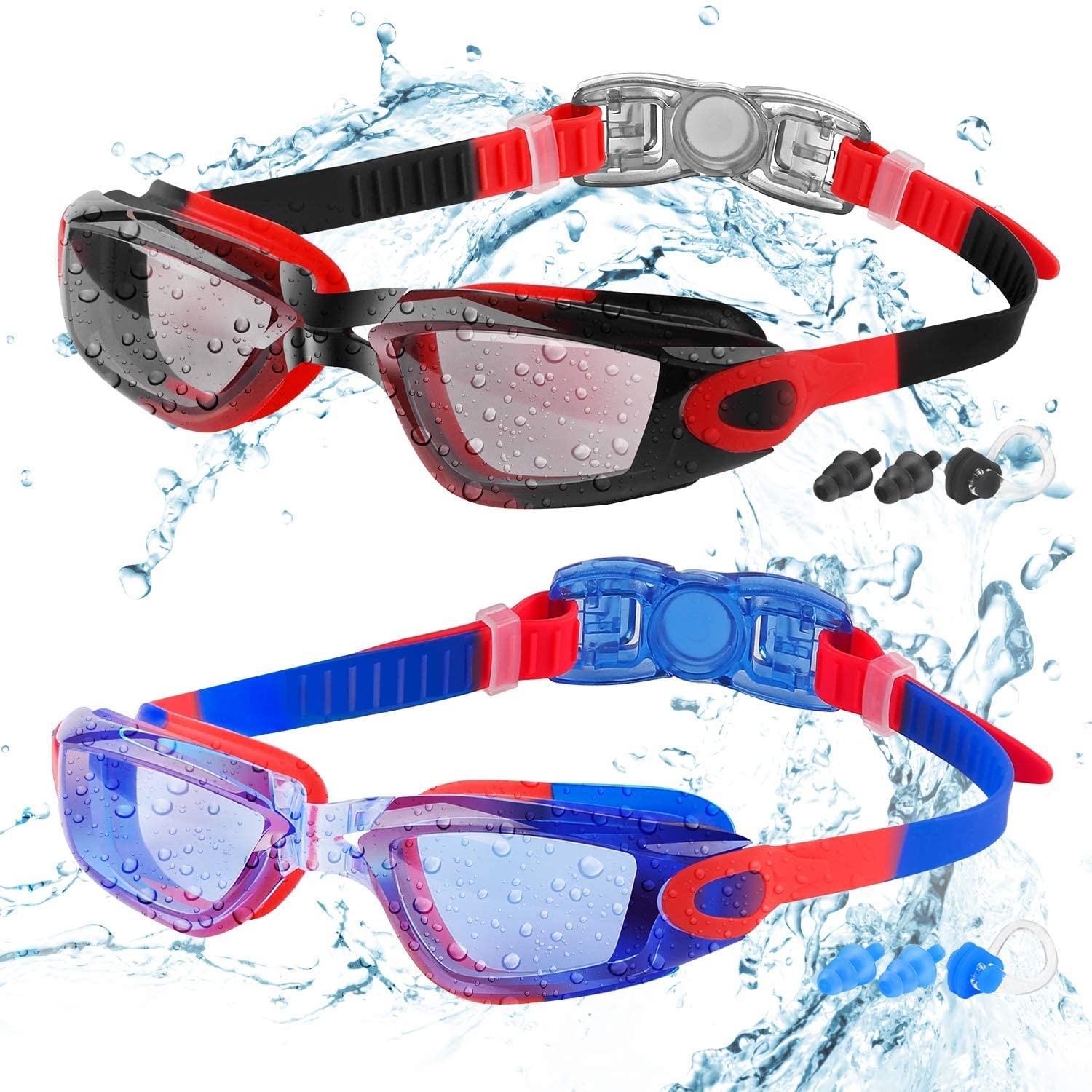 COOLOO Kids Swim Goggles, 2 Packs 02.black Red/Clear Lens&blue Lens