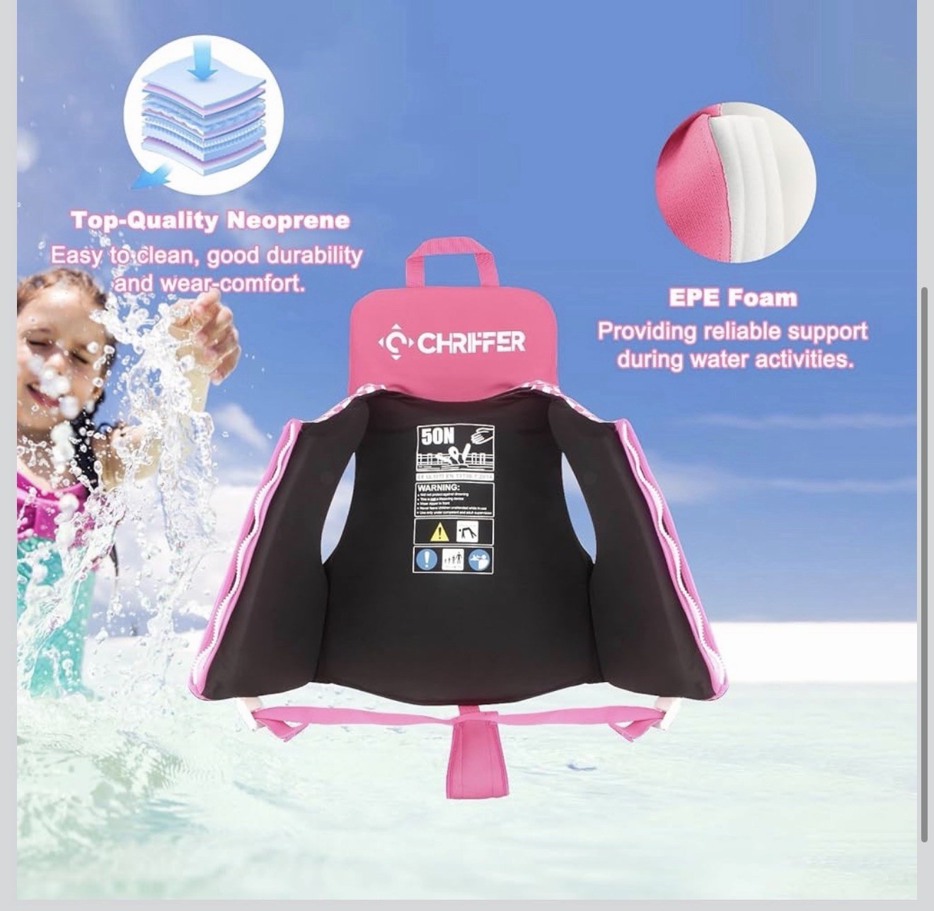 Chriffer Kids Swim Vest for 30- 50 Pounds Girls, Easy On/Off Zipper….