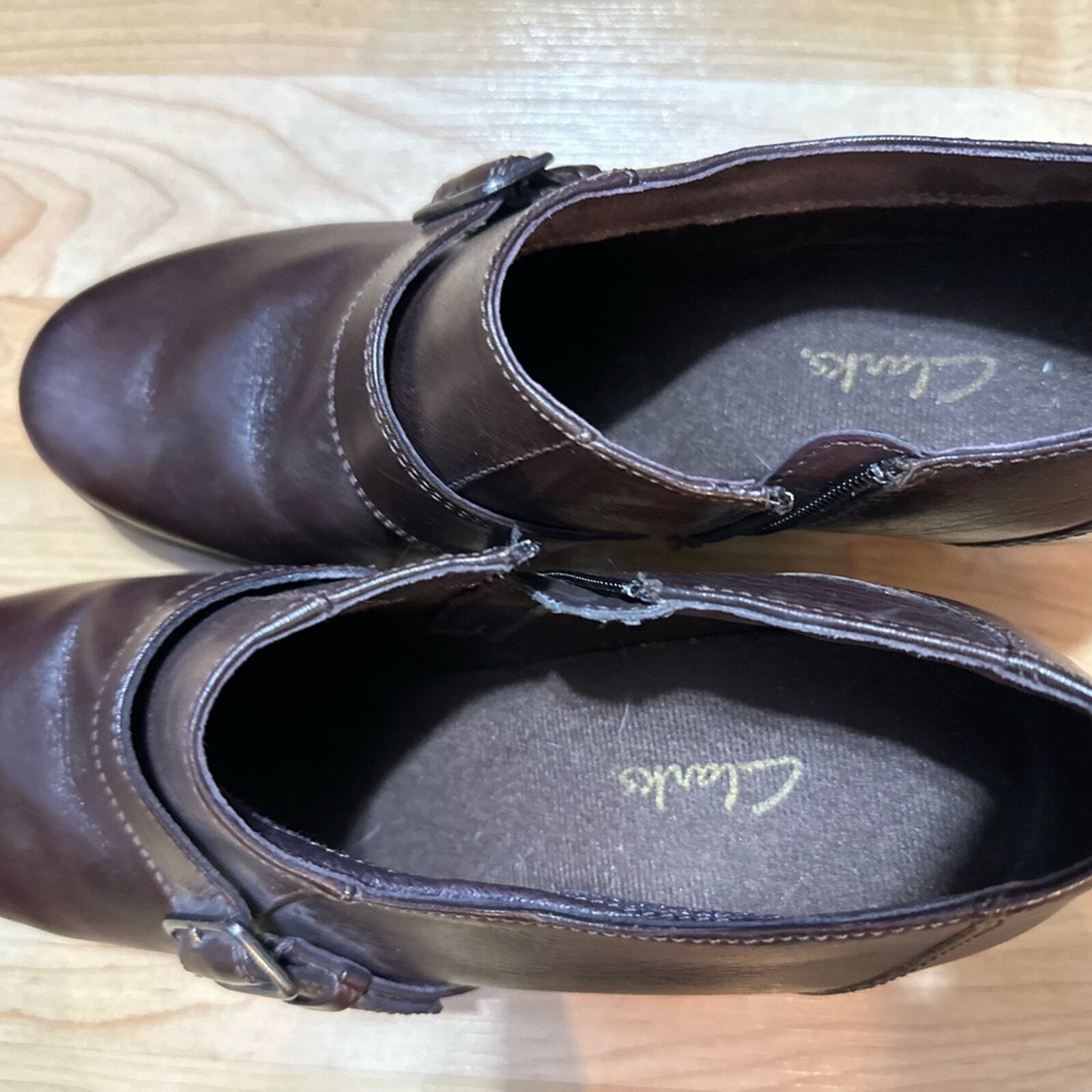Clarks Cognac women Ankle Bootie size 10 2 1/2 “ heel