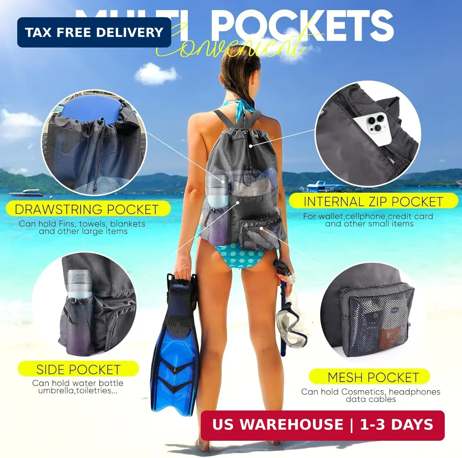HOHOM Swim Mesh Beach Bag, Waterproof Gym Bags for Women and Men, Large Pool Bag