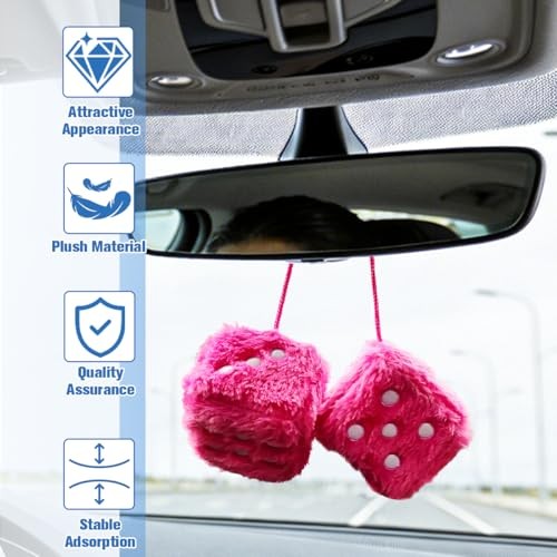 Zpana Fuzzy Dice for Car Mirror – 2.36 Inch Plush Cute Vehicle Square Rose Red