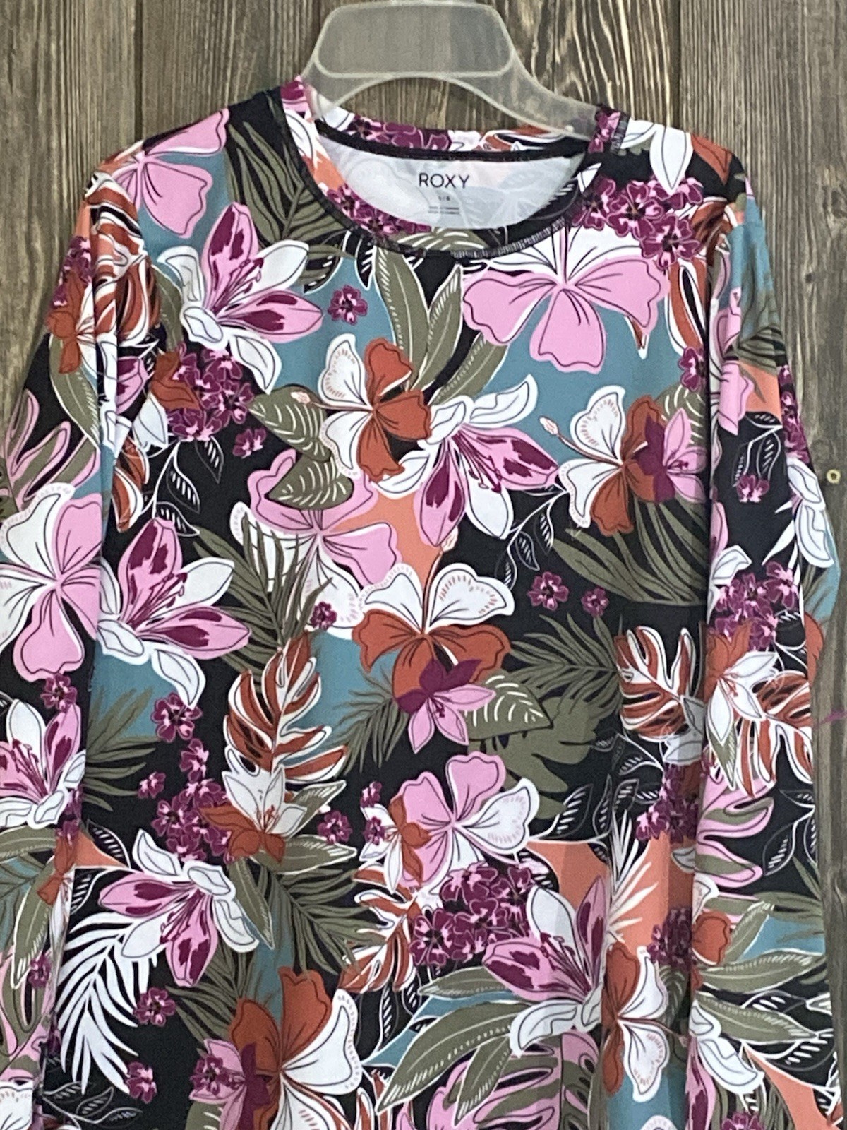 Roxy Womens Floral Long Sleeve Rash Guard Swim Top Shirt, Size Large (L/G)