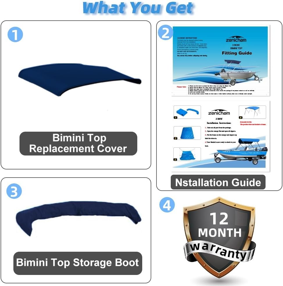 4 Bow Bimini Top Replacement Cover Marine Grade Waterproof Navy Blue