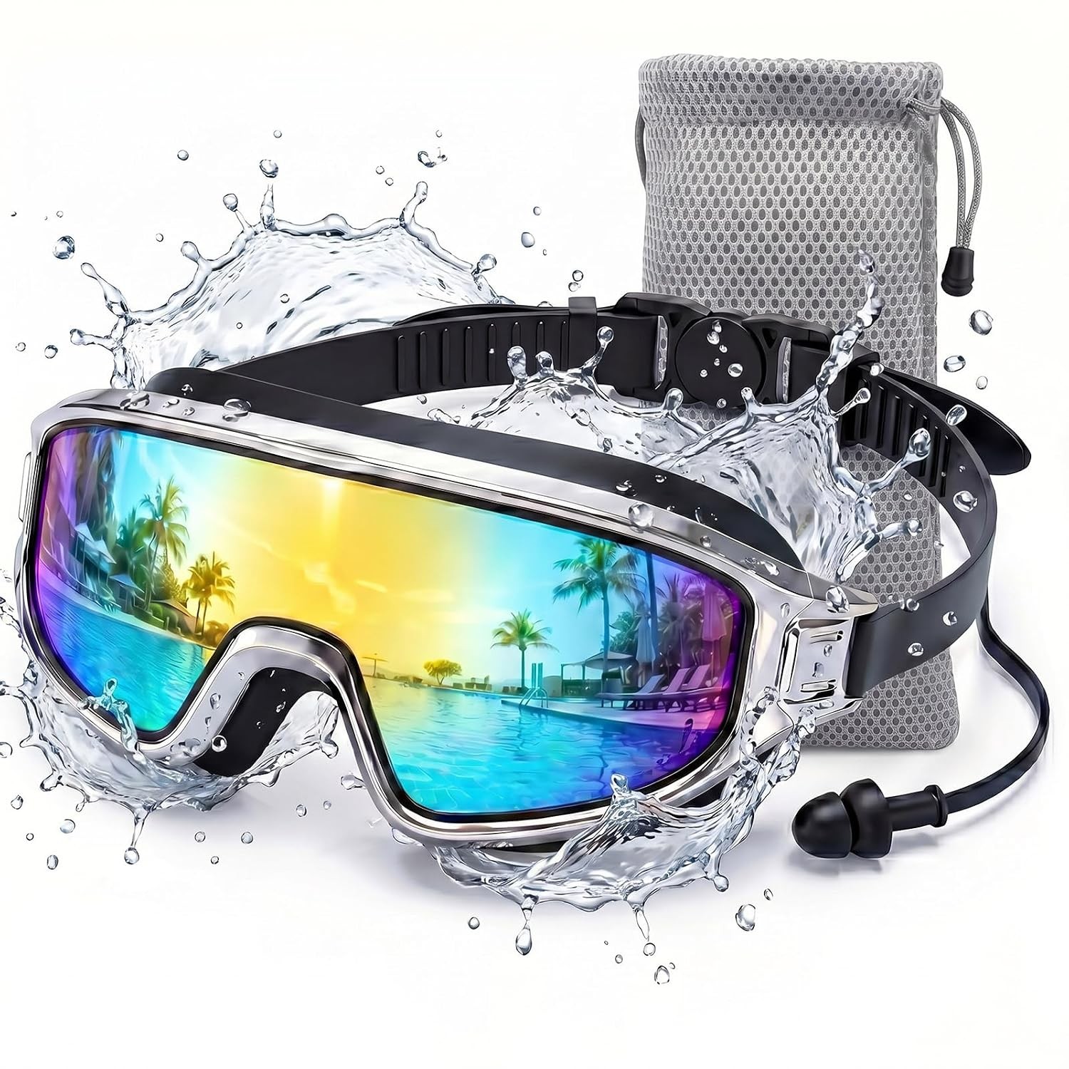 New Black Silver Frame Blue Lens Adult Swim Goggles Waterproof Anti Fog UV