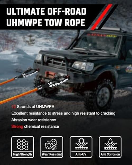 Recovery Tow Rope Kit with 2 Soft Shackles, 7/16 Inch x 30 ft 31,200 Lbs