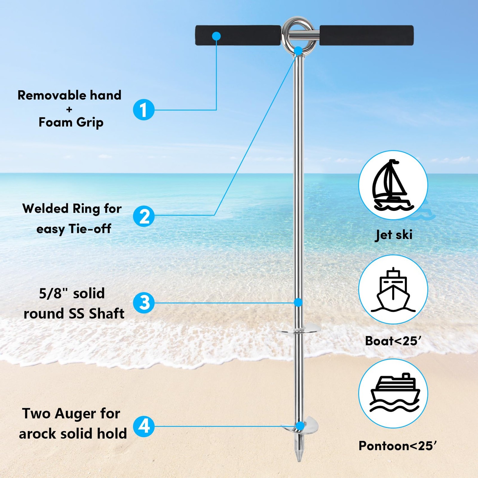 24″ Sand Anchor,316 Stainless Steel Shallow Water Sand Anchor with Ground Anc…