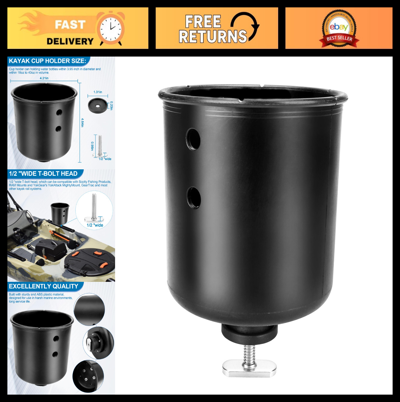 Multi-Functional Kayak Cup Holder & Phone Holder, Track Mount Drink & Bottle Hol
