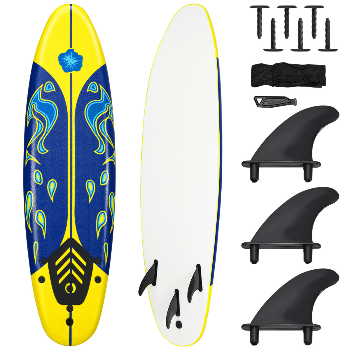 6′ Surfboard Foamie Body Surfing Board W/3 Fins & Leash for Kids Adults Yellow