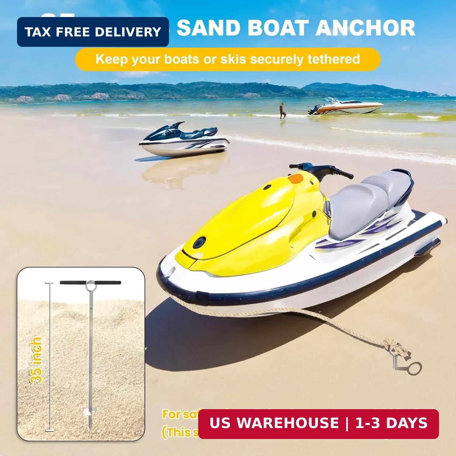 Sand Anchor for Boat, Stainless Steel Shallow Water Anchor, 35″ Boat Sand Anchor