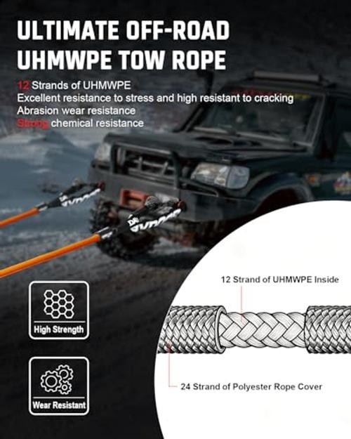 Recovery Tow Rope Kit with 2 Soft Shackles, 7/16 Inch x 30 ft 31,200 Lbs