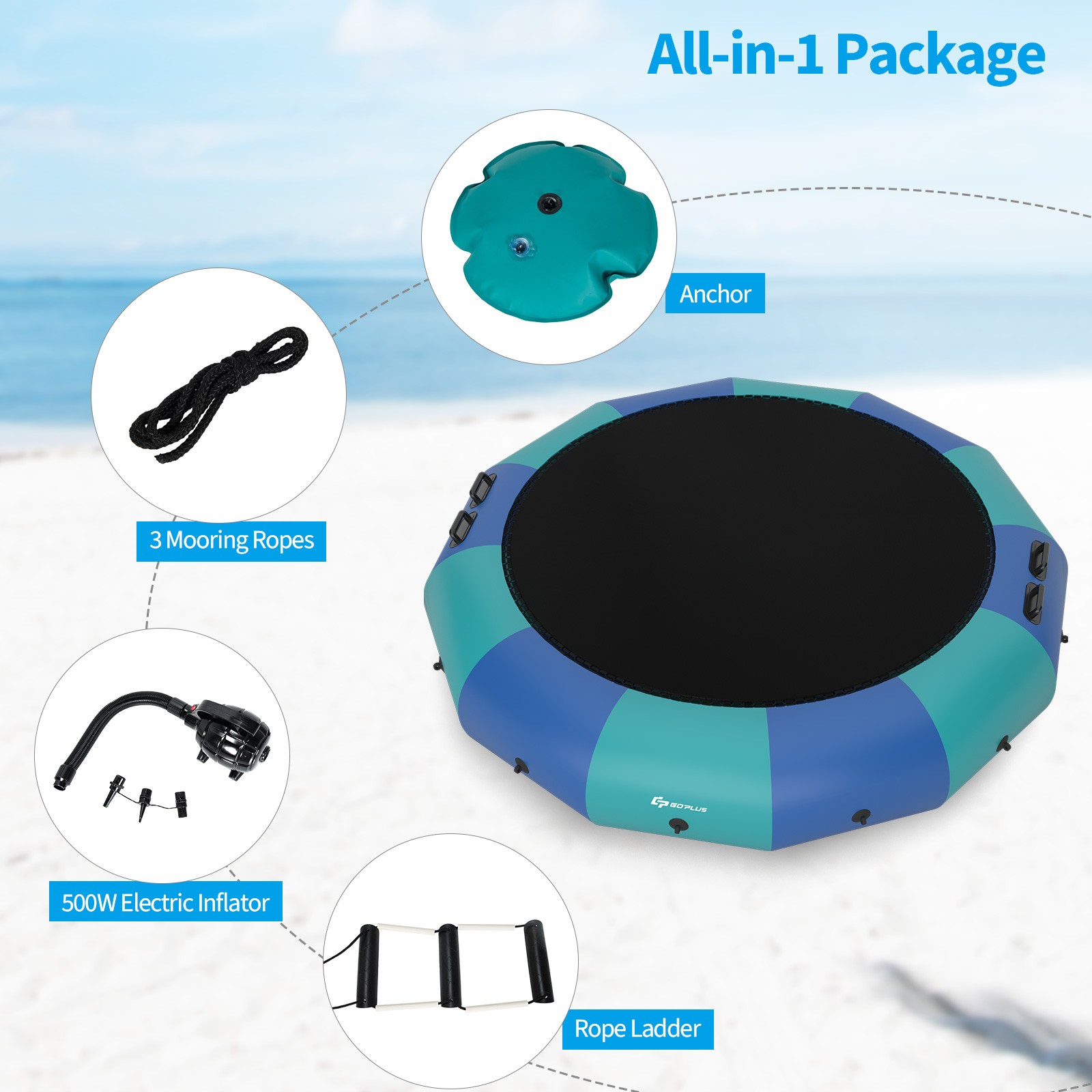Goplus 15FT Inflatable Water Bouncer Splash Padded Water Trampoline Blue & Green