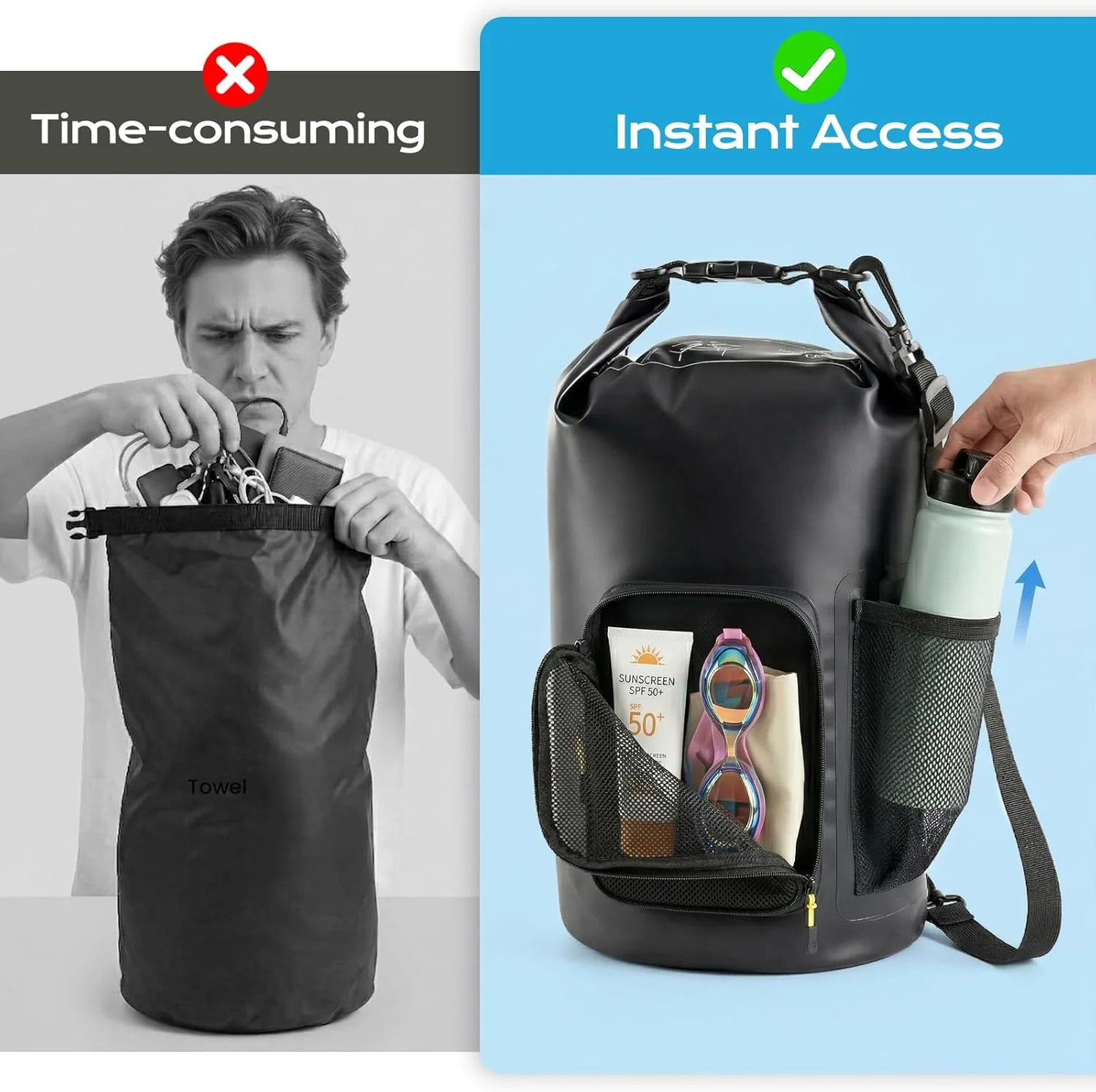 5L Waterproof Dry Bag with Bottle Holder & Mesh Pocket, 500D PVC Tarpaulin Roll