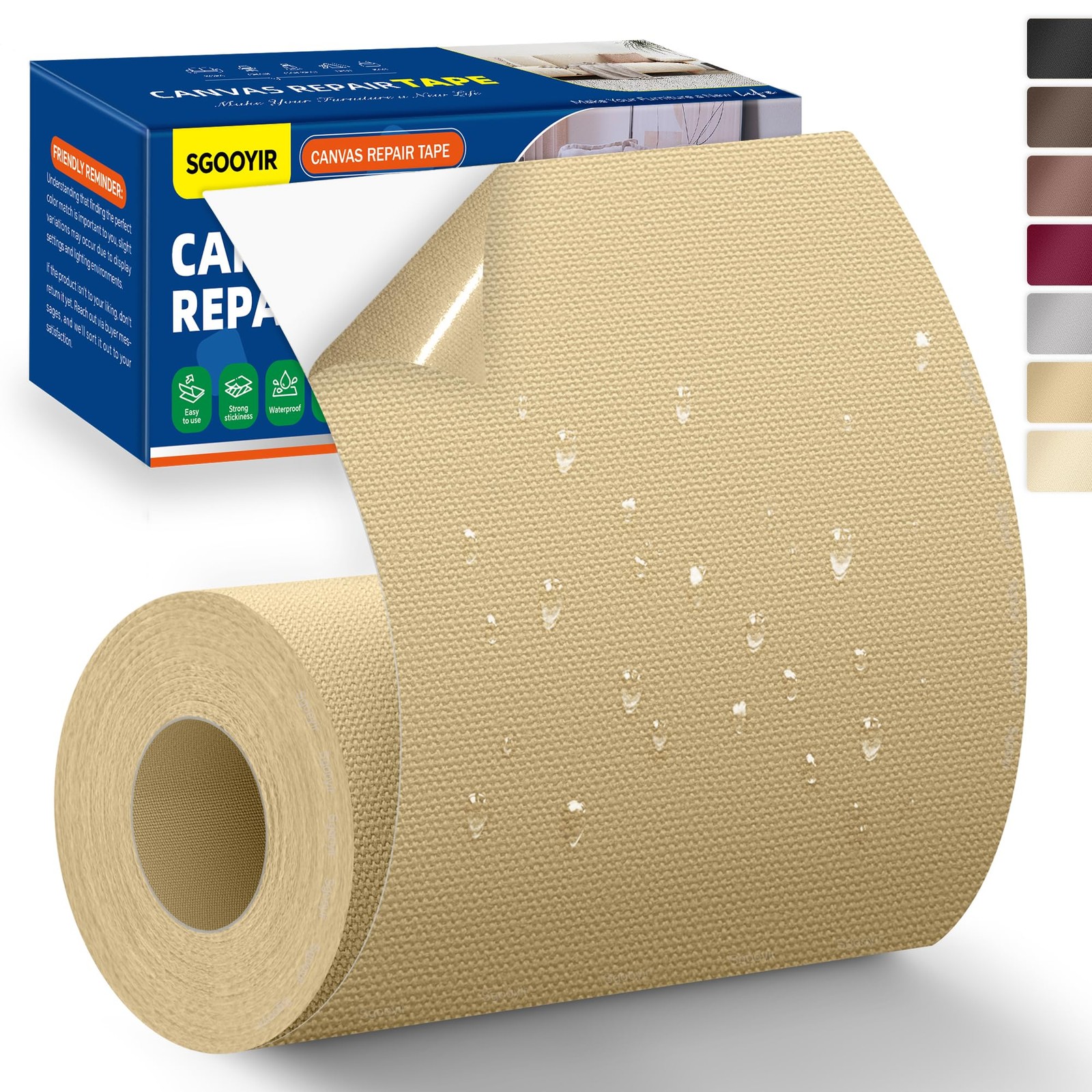 Self-Adhesive Canvas Repair Tape, 4″ x 79″ Waterproof x 79″, Beige