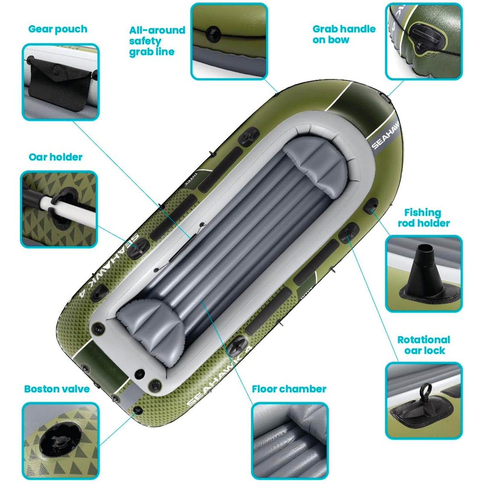 INTEX 66334EP Seahawk 4 Inflatable Boat Set with 54″ Oars, Pump, & Rod Holders
