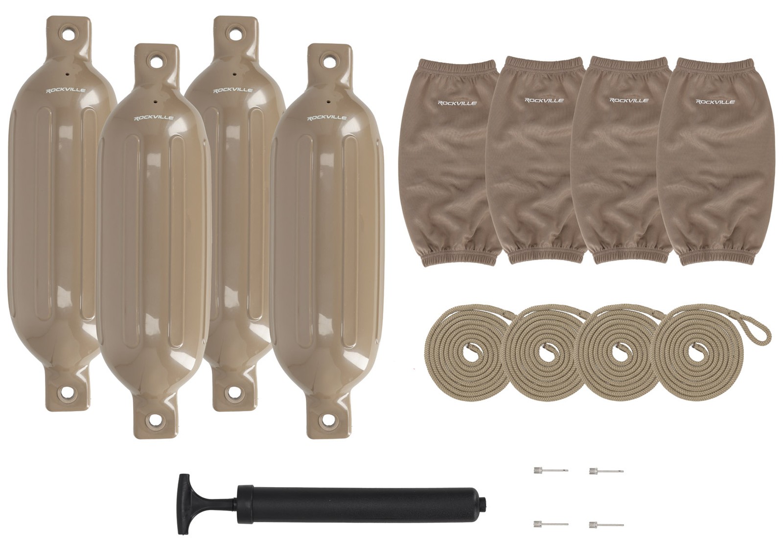 Rockville FEN465-SAND Boat Fender Package 4 Bumpers 6.5″x23″, 4 Covers, 4 Lines