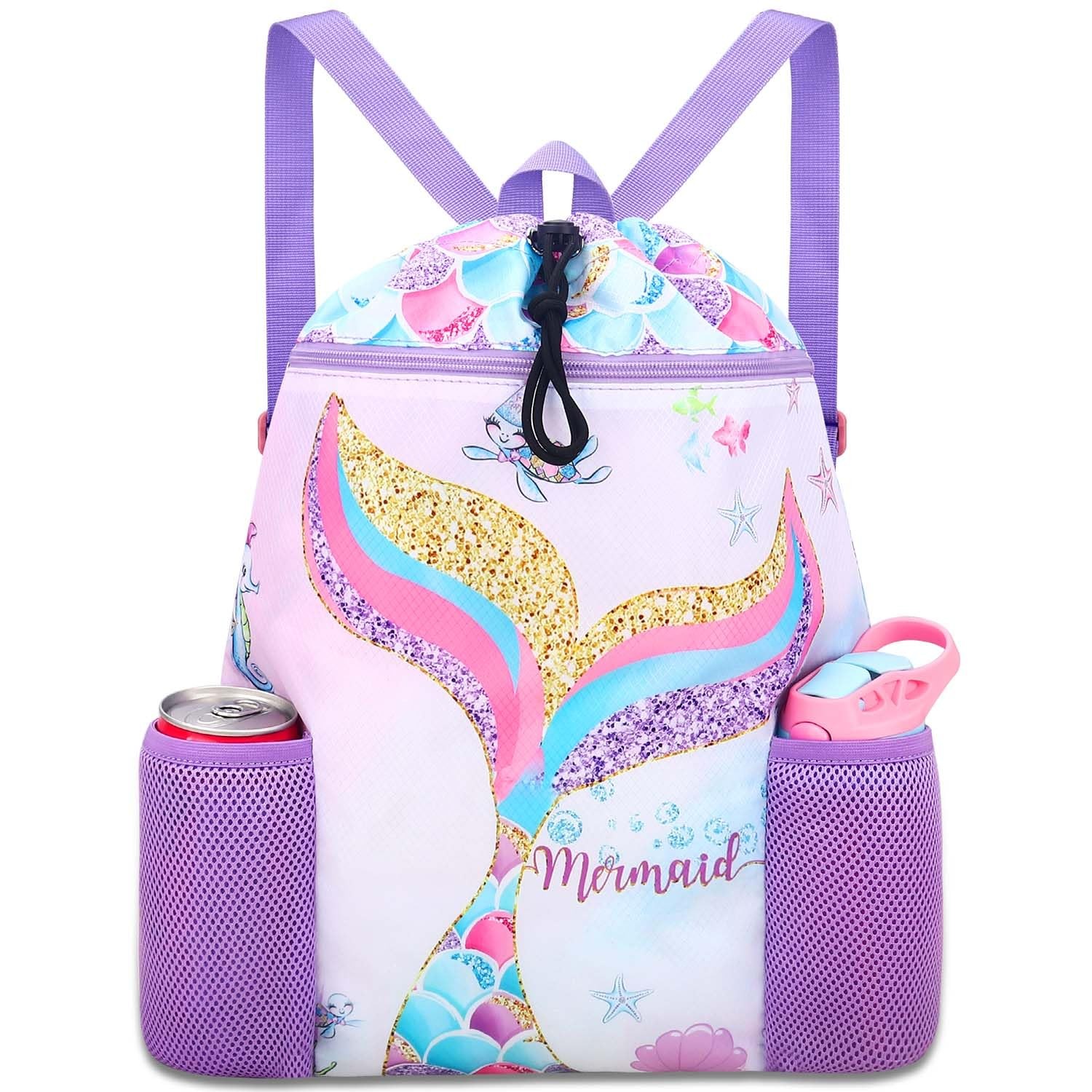 RHCPFOVR Mermaid Swim Bags for Kids – Drawstring Backpack One Size,