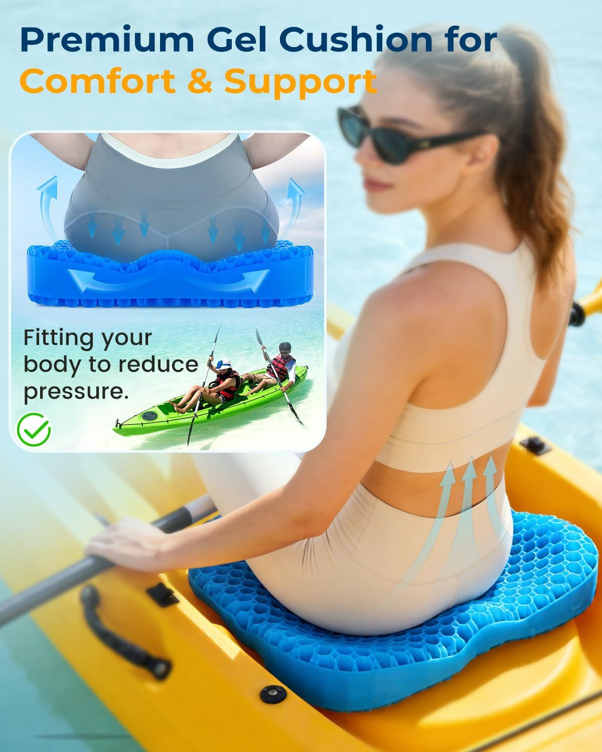 Premium Gel Kayak Seat Cushion, Thickened Non-Slip Waterproof Seat Pad, Breathab