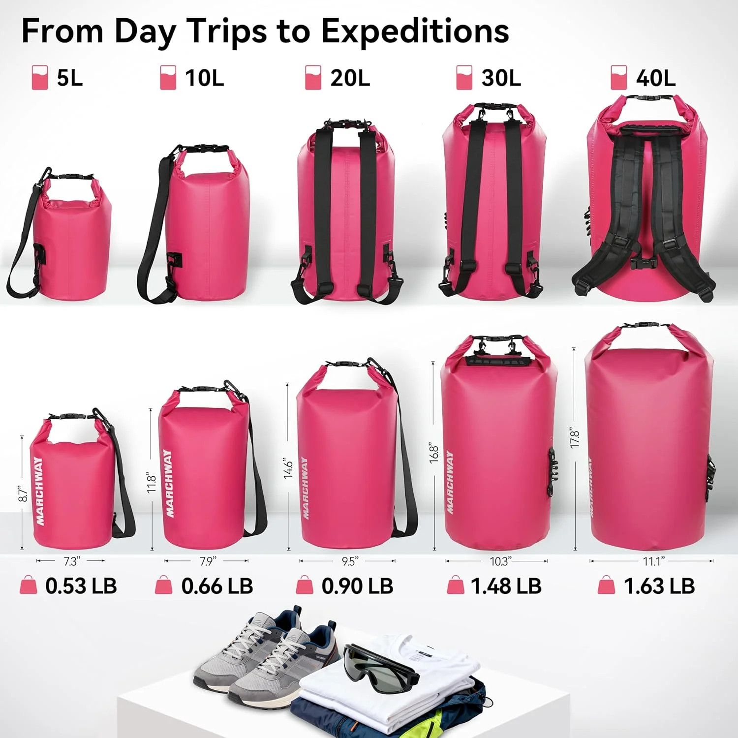 MARCHWAY Floating Waterproof Dry Bag Backpack 5L/10L/20L/30L/40L, Roll Top Sack