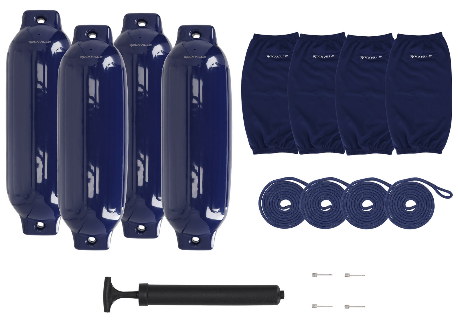 Rockville FEN485-NAVY BLUE (4) 8.5″ Boat Fenders 4 Covers, 4 Lines Package