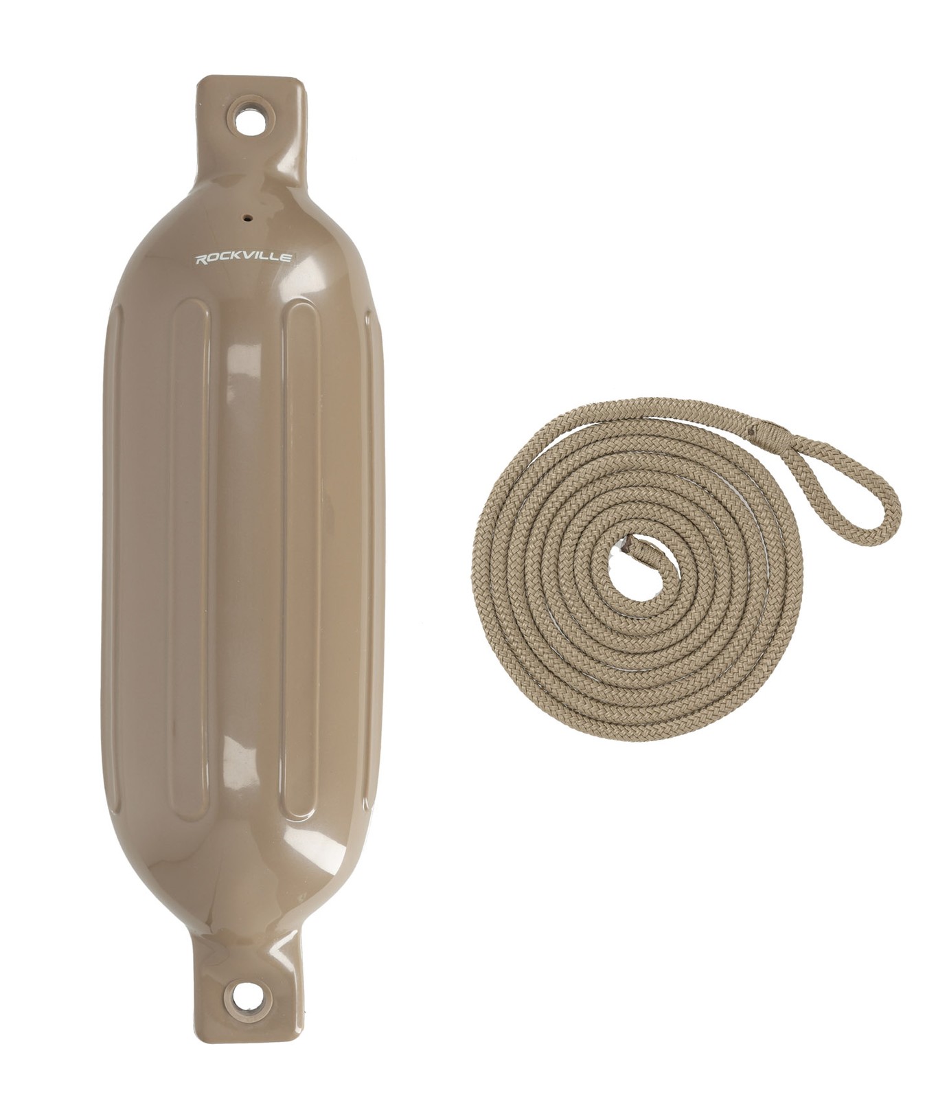 (2) Rockville FEN165-SAND 6.5″x23″ Boat Fenders + 10 Foot Line Marine Bumpers