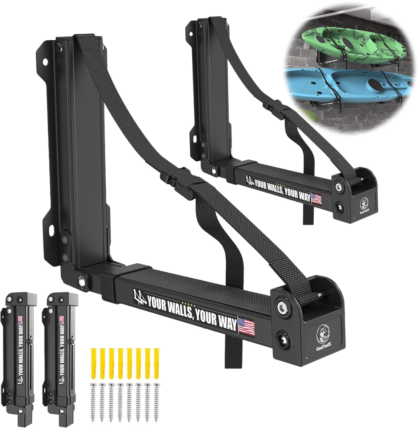 2 PCS Kayak Wall Rack 11.8-17″ Foldable Storage Hanger Heavy-Duty 100 lbs Load