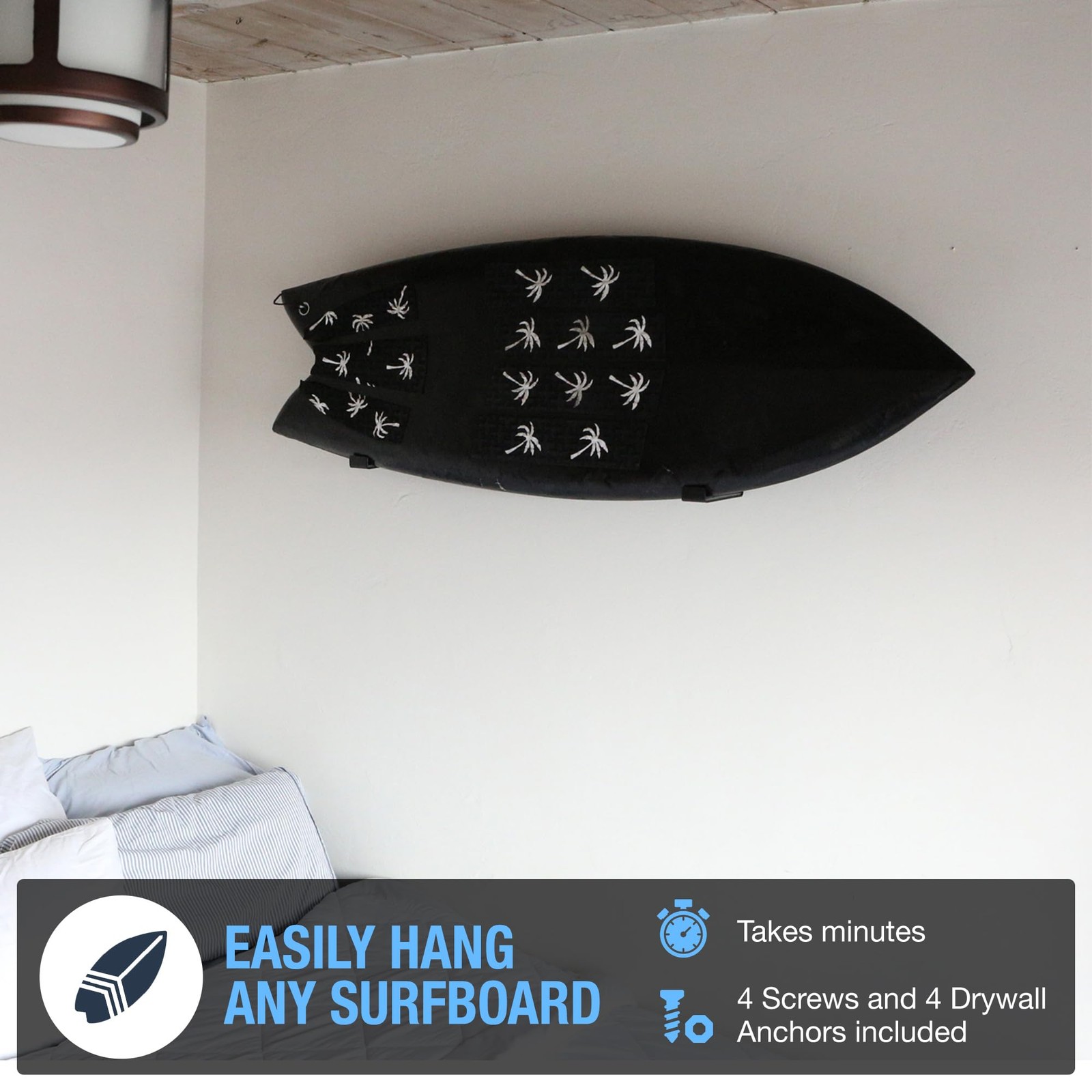 Surfboard Wall Mount Rack Strong Felt Padded Holder Easy Install Hardware