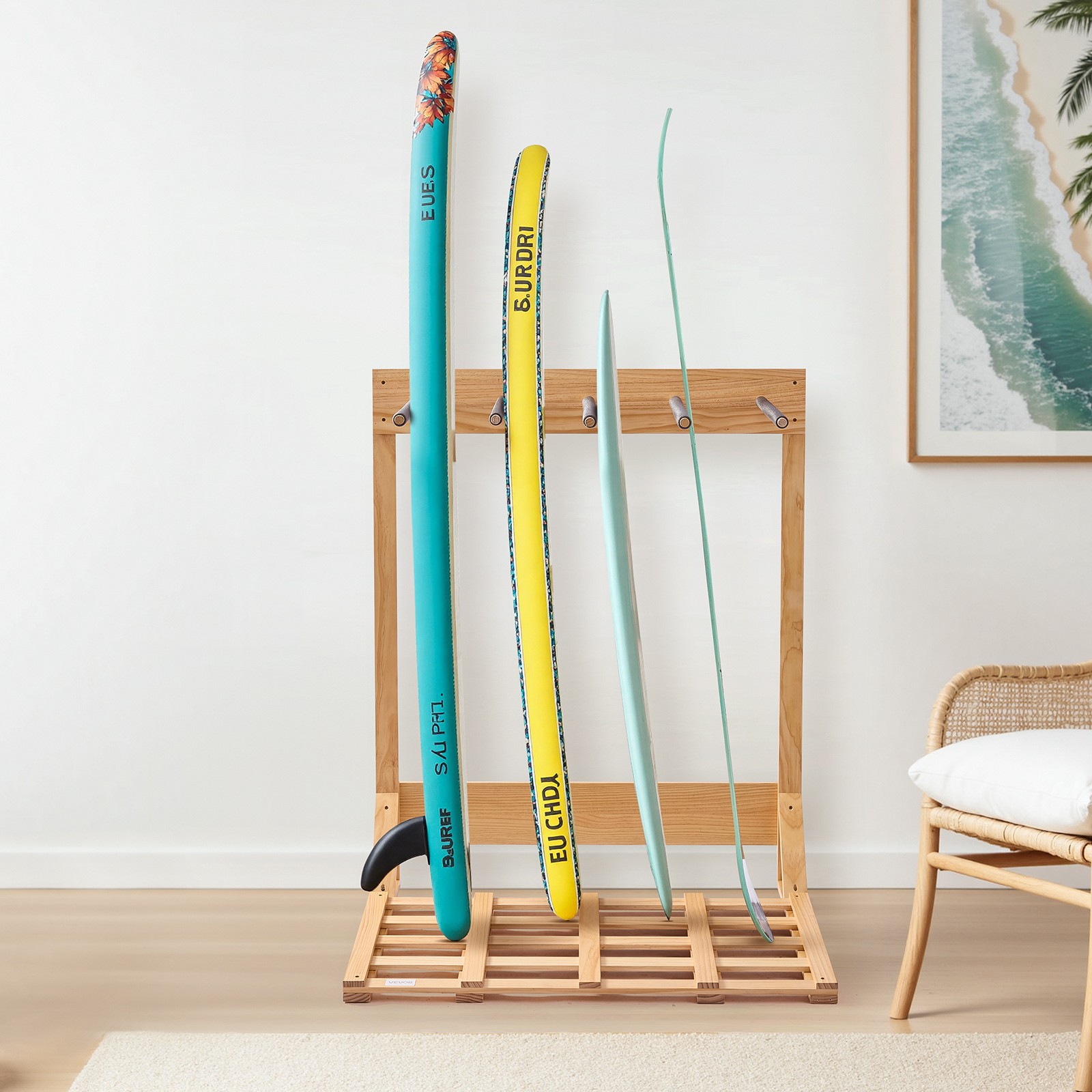 VEVOR Vertical Surfboard Stand 4 Tiers Wood Surfboard Rack for Storage & Display