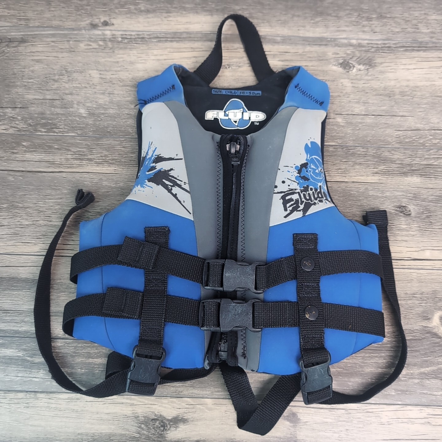 Life Jacket Ski Vest 30-50 Lbs Fluid Type III Blue Gray Black Water Safety