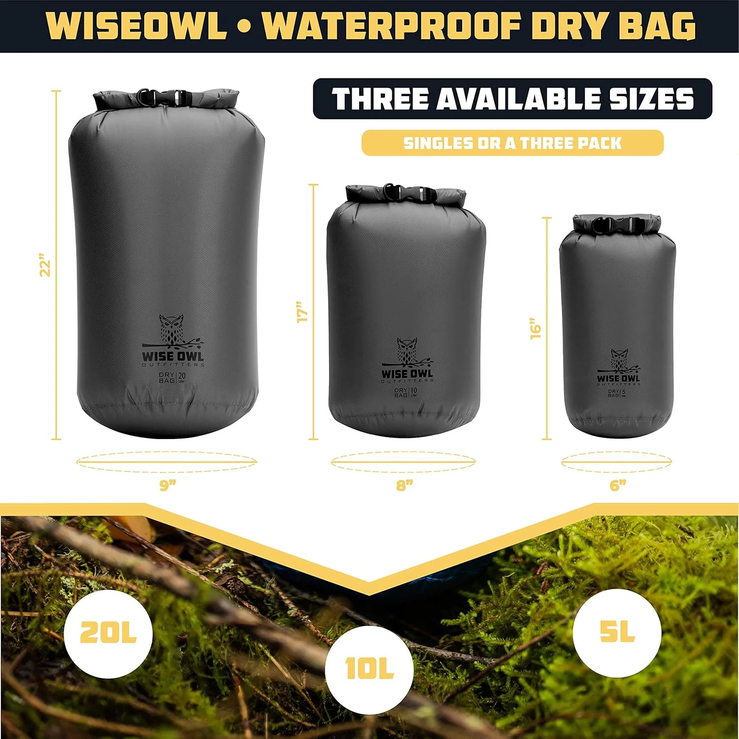 Wise Owl Outfitters Waterproof Dry Bag 3-Pack – Lightweight & Airtight 5L/10L/20