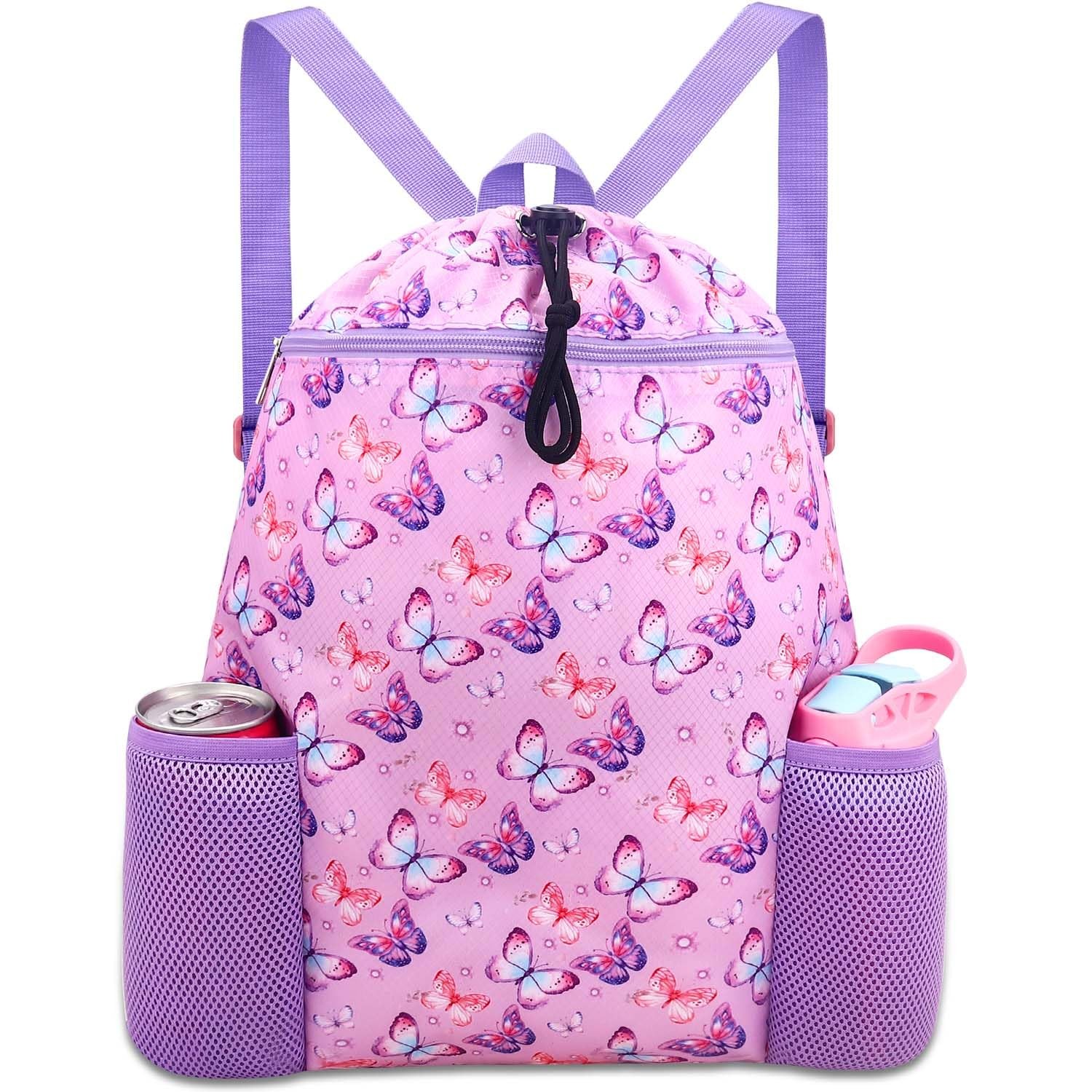 Butterfly Drawstring Backpack for Girls Waterproof Swim Bag with Water Bottle