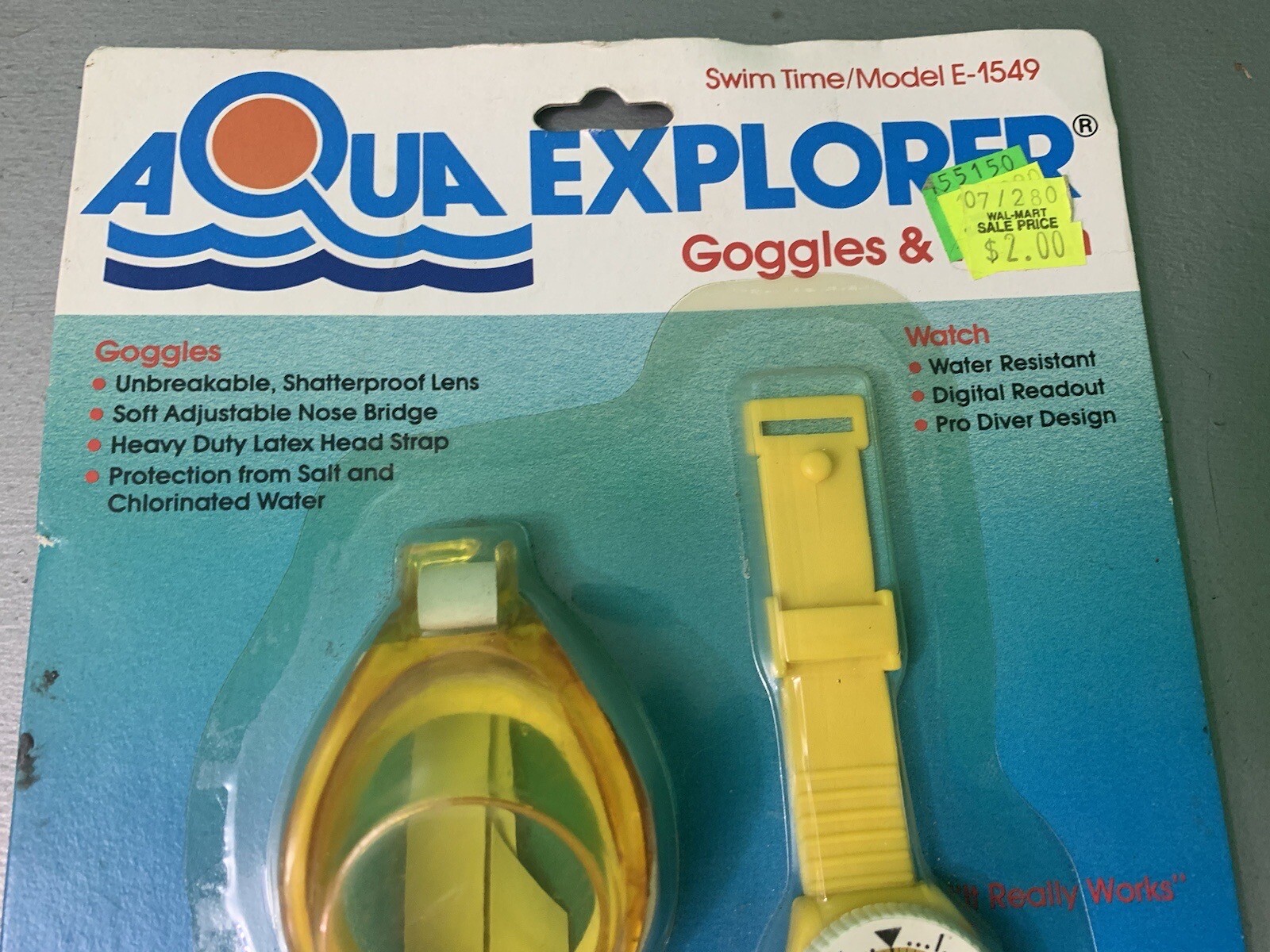 Aqua Explorer Swimming Goggles & Water Resistant Watch Vintage 1980’s NEW Yellow