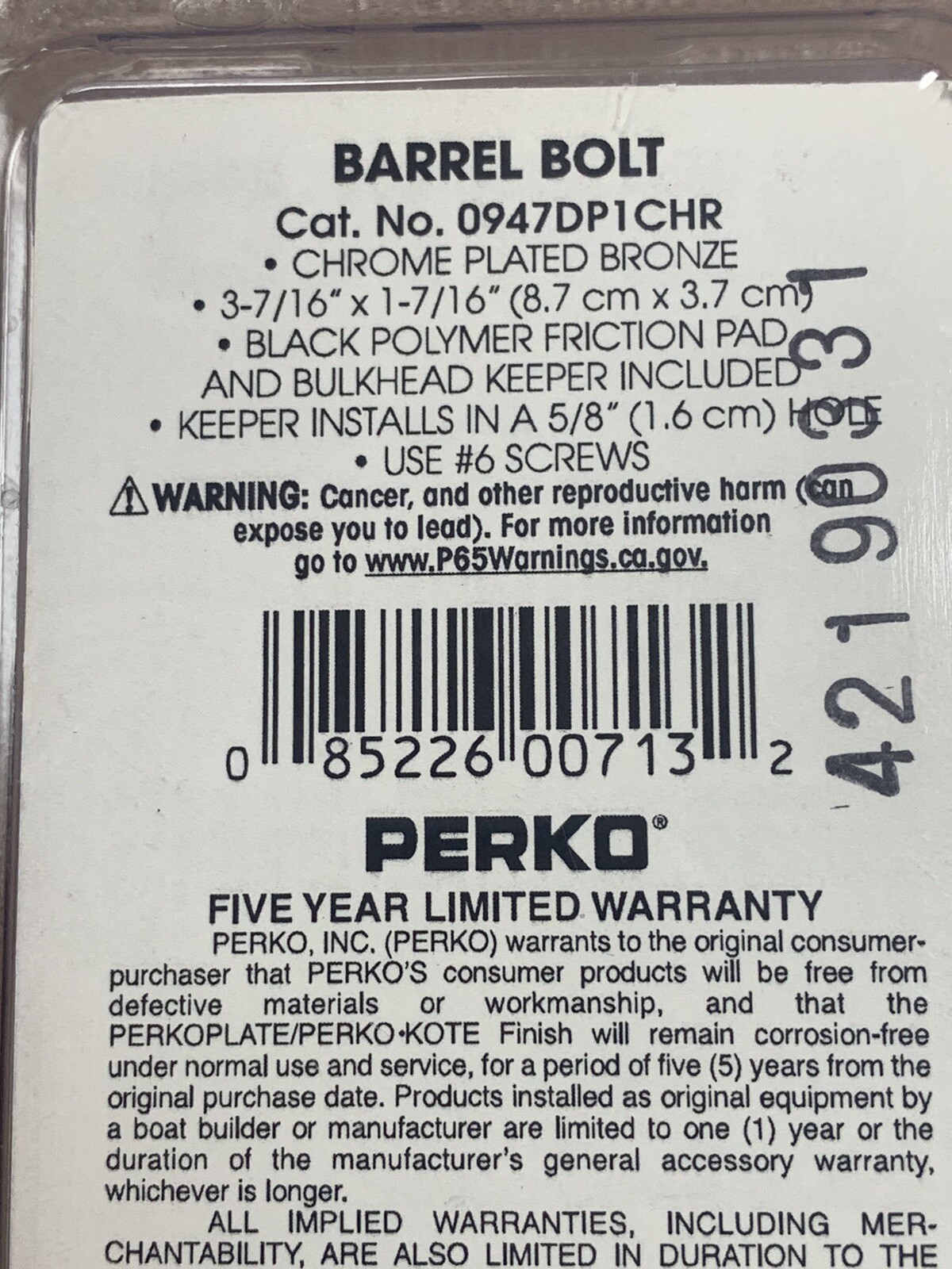 Perko 11754365 3″ Chrome Barrel Bolt 0947DP1CHR **NEW**
