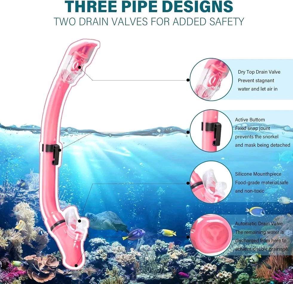 Pink Snorkel Set Fins Mask Foldable Dry Snorkel Food Grade Silicone (kids)