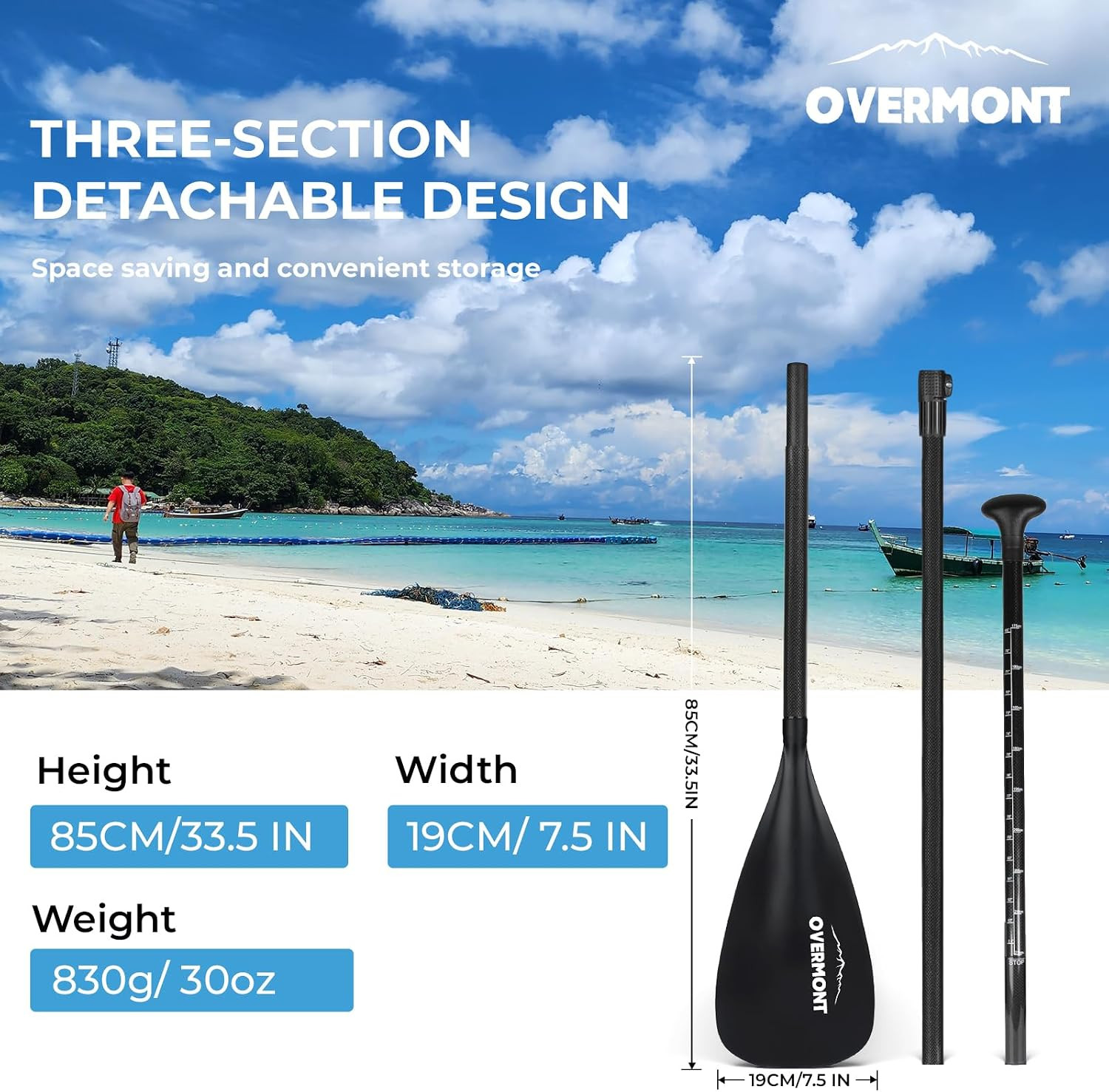Overmont Carbon Fiber SUP Paddle, 3-Piece Adjustable 69″-85″ Stand Up Paddle Boa