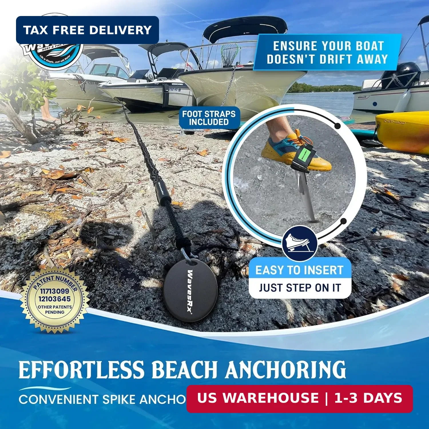 WAVESRX Patented Aluminum Spike Beach Anchor | Ultra-Light PWC, Jet Ski & Sand A