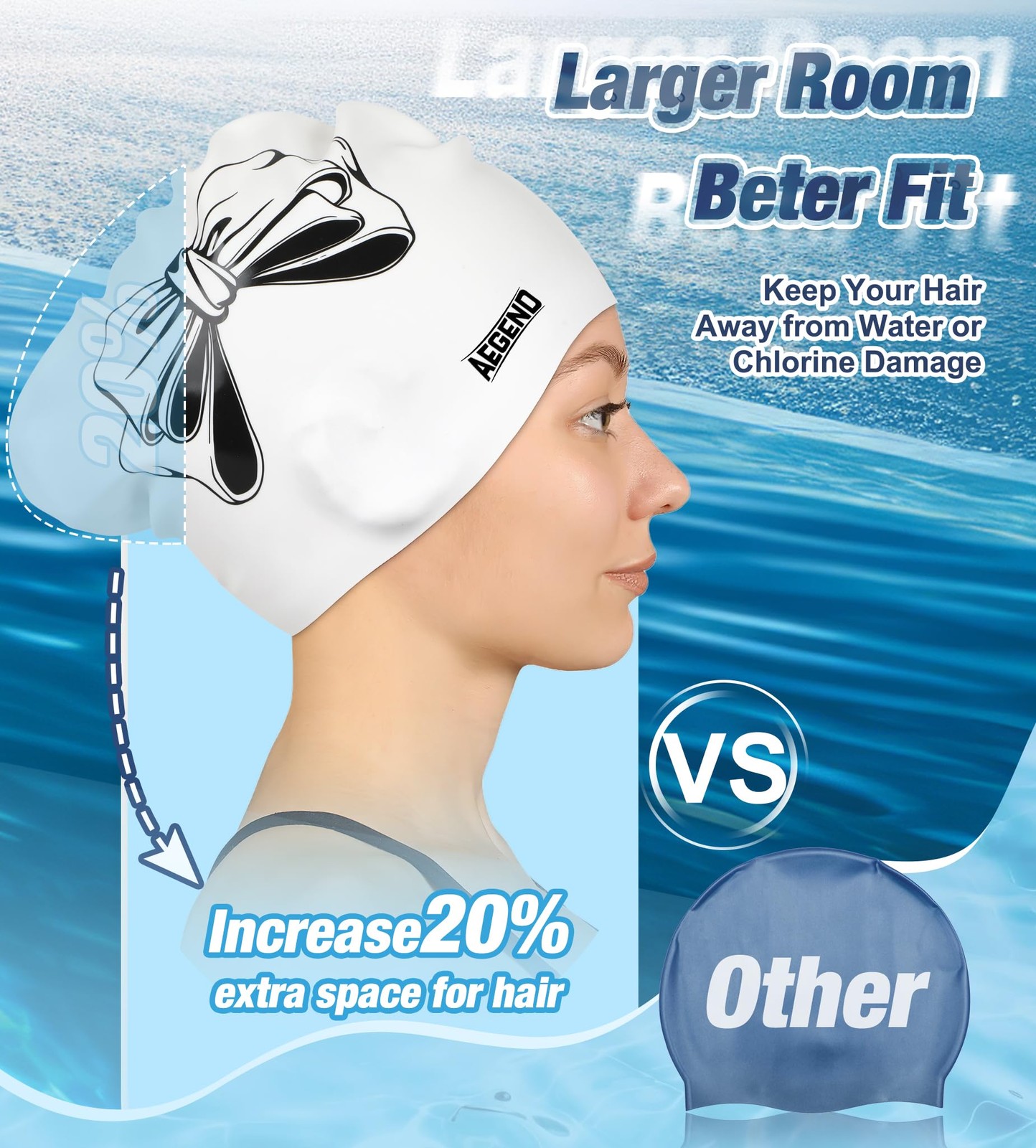 Aegend Swim Caps for Long Hair, Durable Silicone White Black Bow – 1 Pack
