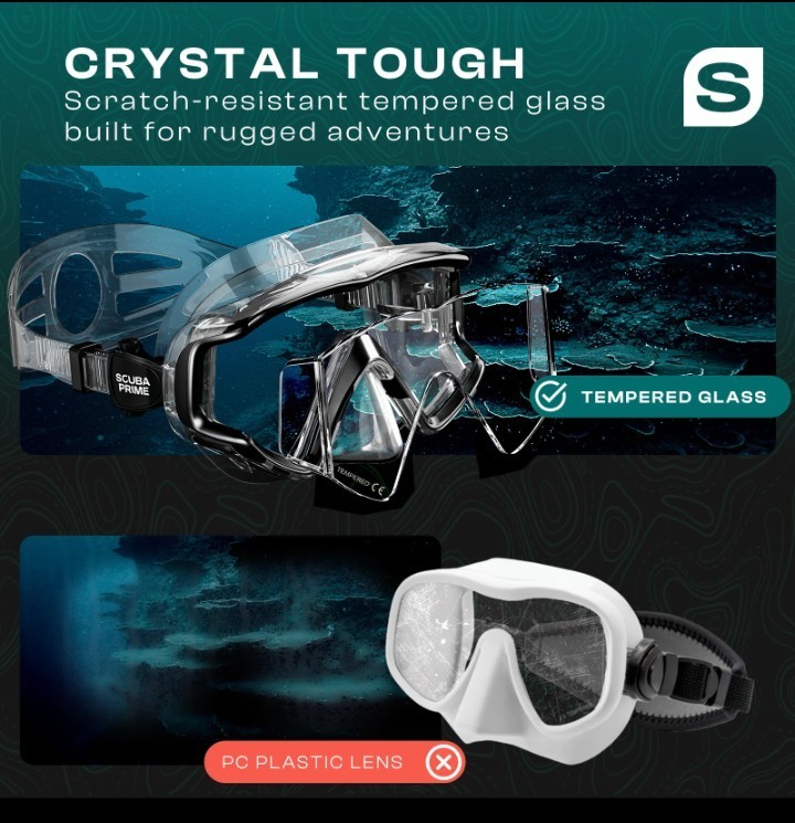 Scuba Prime Panoramic Dive Mask 180° Tempered Glass 3-Window Snorkeling Scuba…