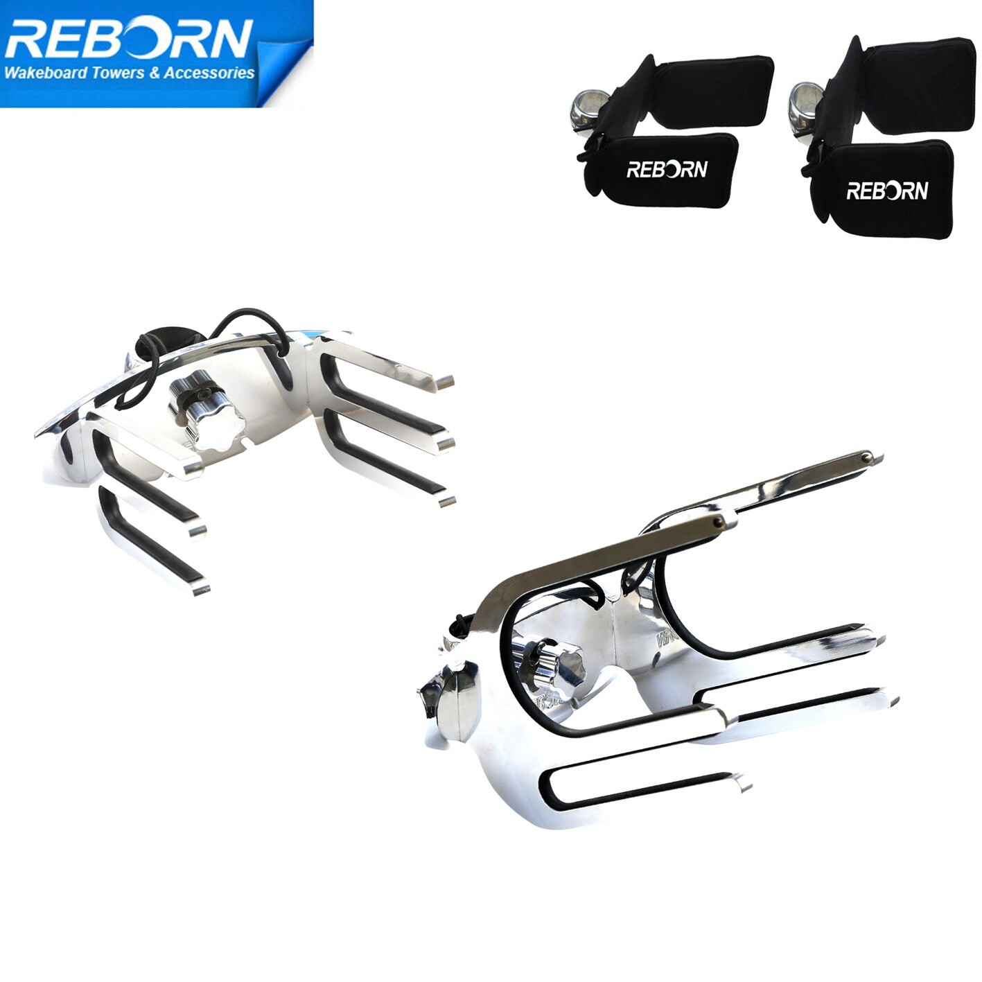 1 Reborn Pro QR Wakeboard Tower Rack+ 1 Wake/Kneeboard Rack Polished W Covers