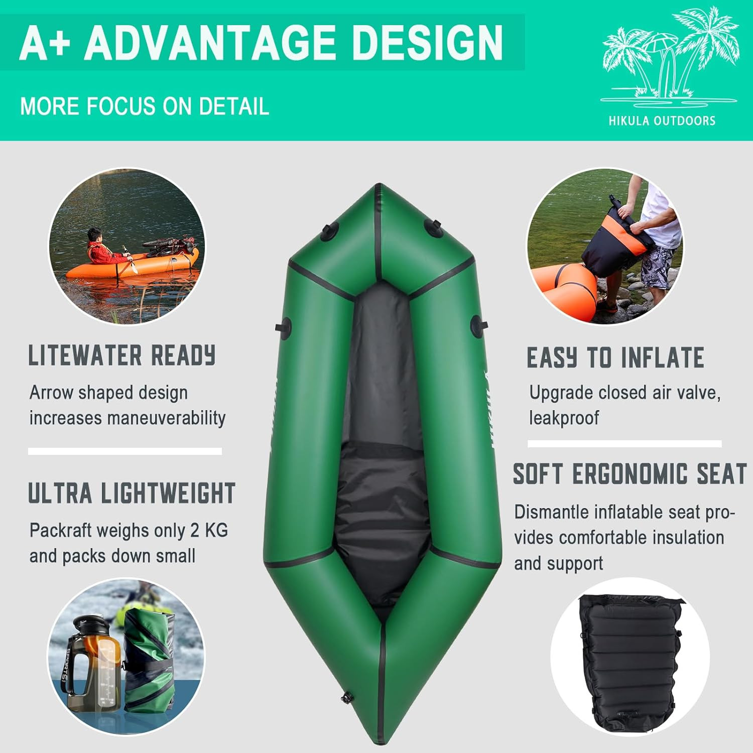 Lightweight TPU Inflatable Packraft – 1 Person Kayak for Adventure & Fishing
