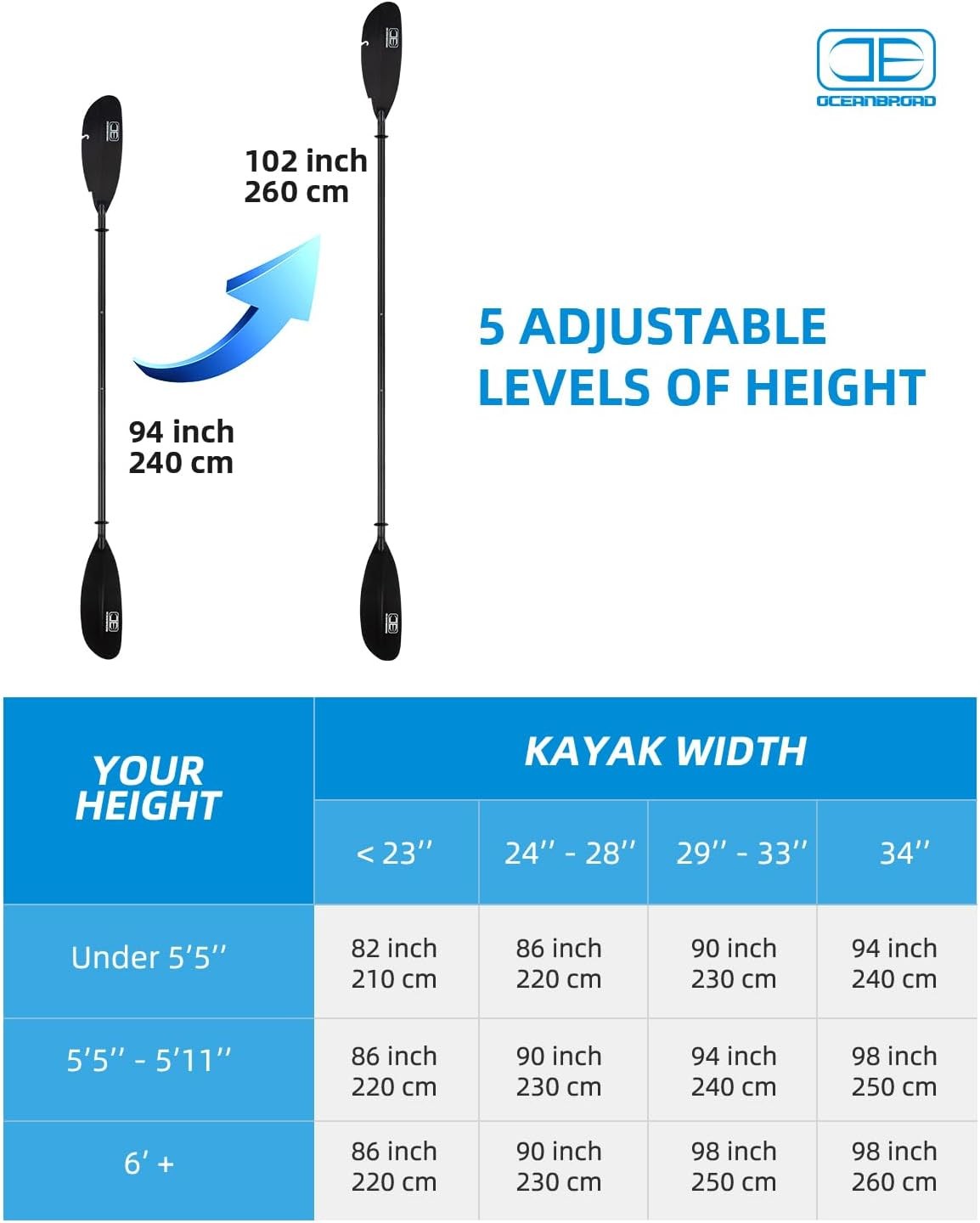 Adjustable Carbon Fiber Fishing Kayak Paddle | 94in/240cm-98in/250cm-102in/260cm