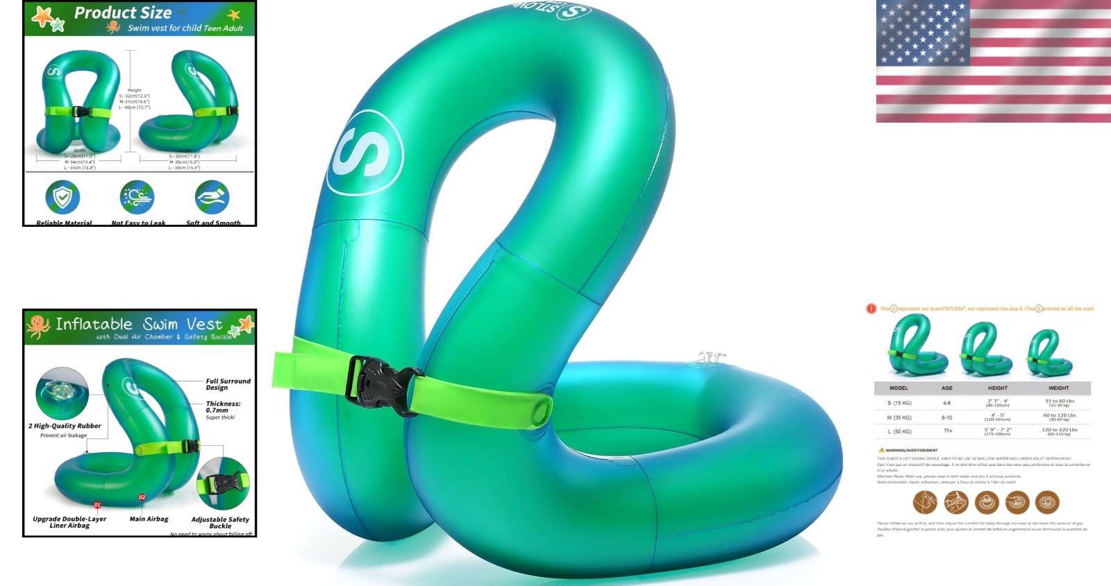 Inflatable Swim Vest for Teens & Adults – Lightweight Buoyancy Aid in Green-l