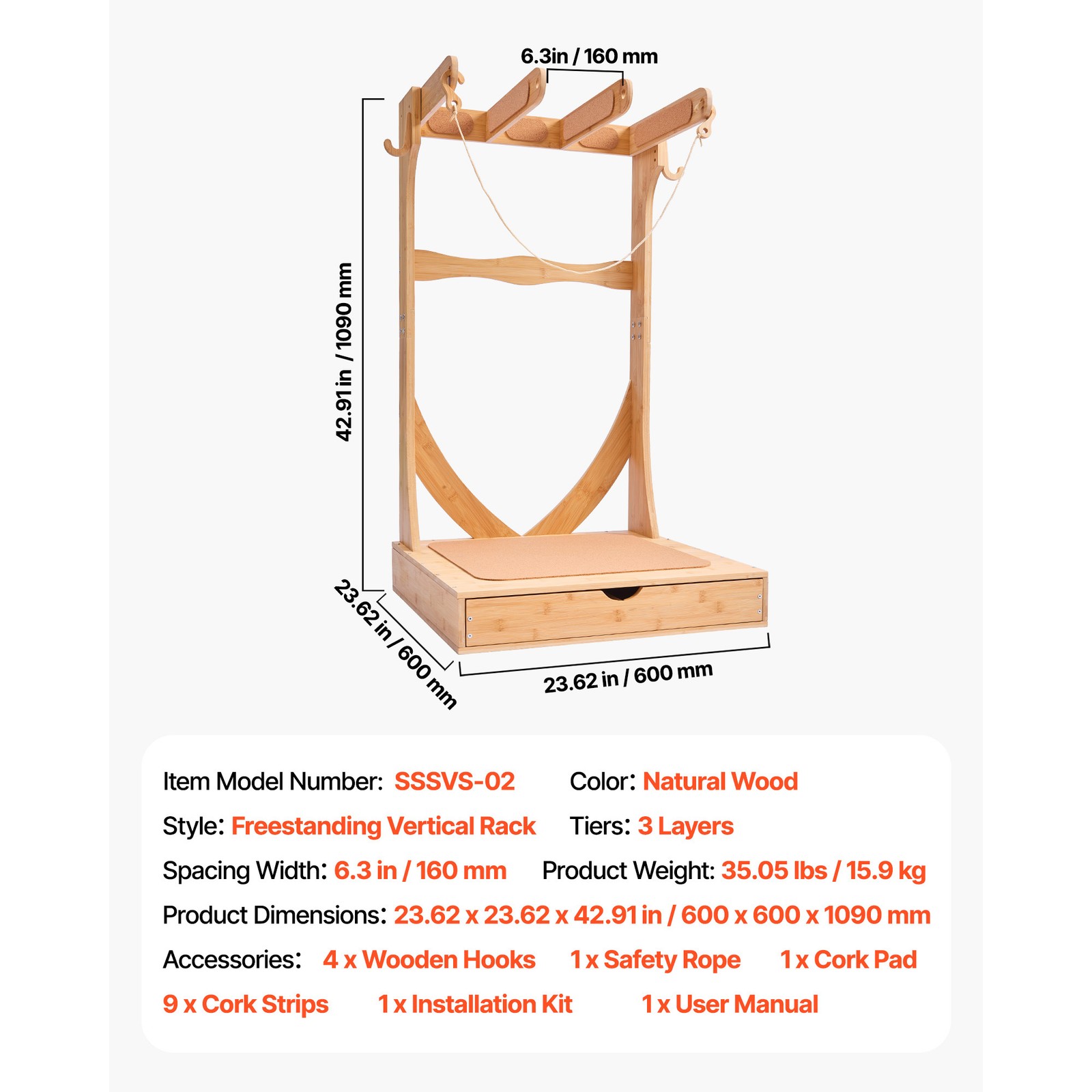 Uimoso Vertical Surfboard Rack 3 Tiers Wooden Stand for Storage and Display