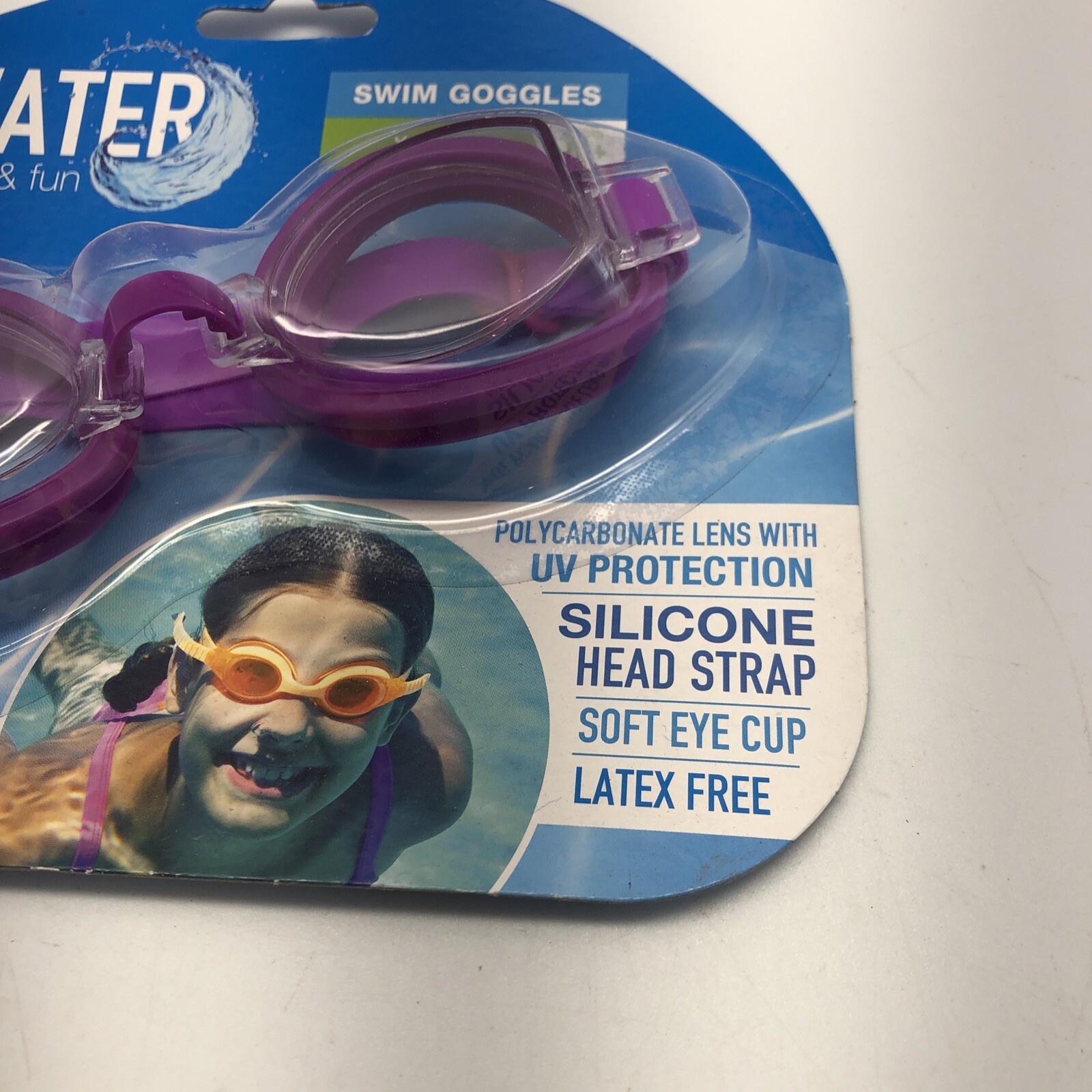 Water Sun & Fun Purple Swim Goggles Polycarbonate Lens w/UV Protection 8+ New