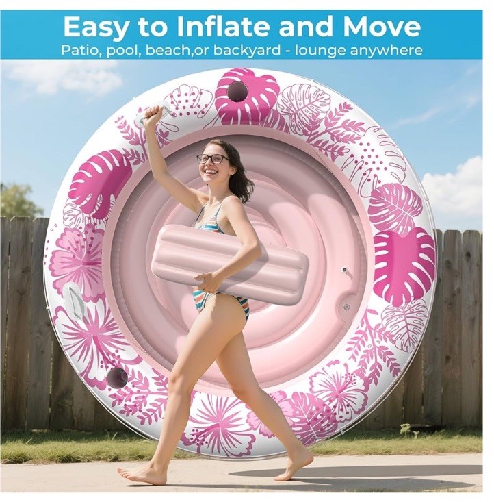Luxury Tanning Pool (PINK) Inflatable Float w/ Pillow 75×75 in Age 3+ 500Lb