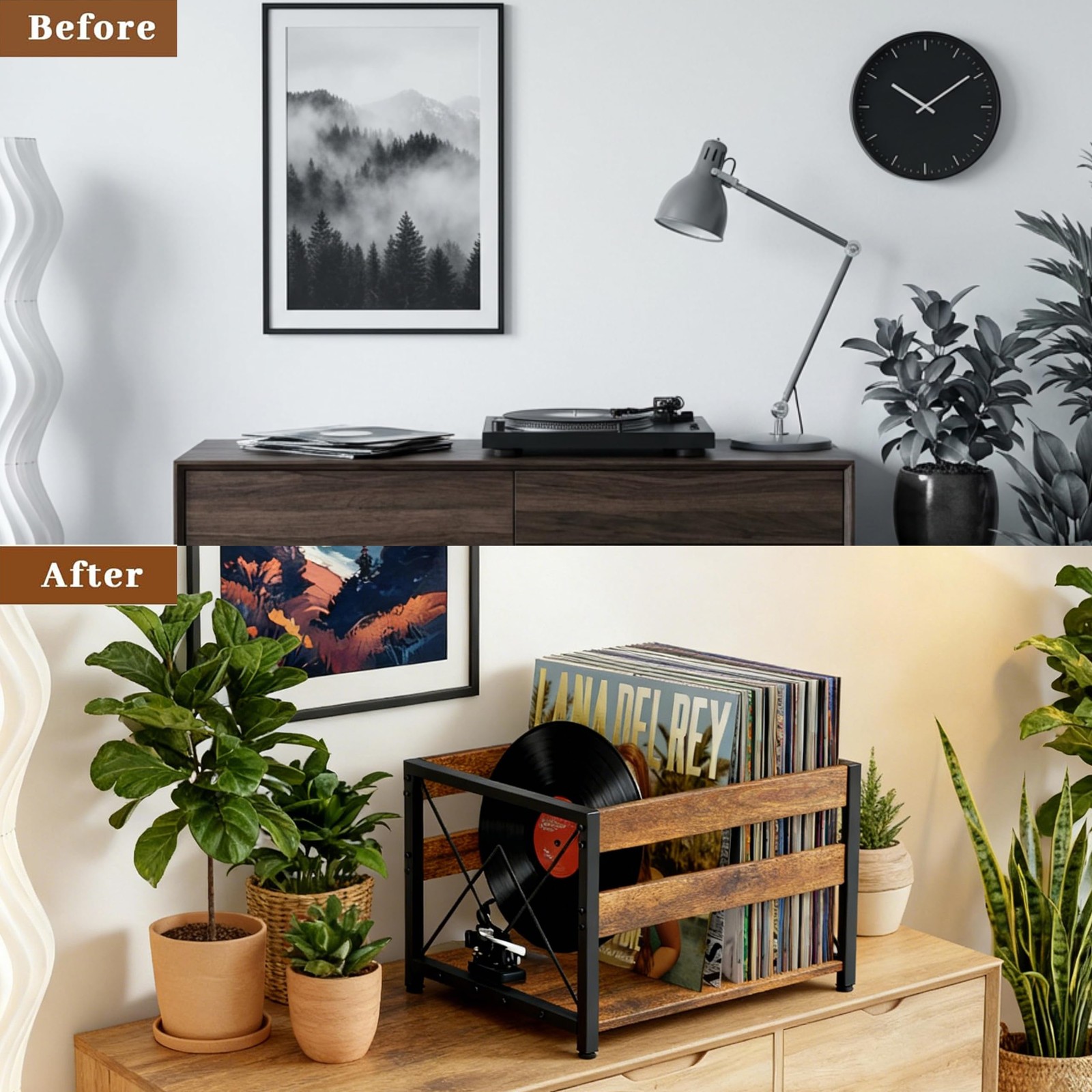 Y&M Vinyl Record Storage Crate, Wooden Cube Brown Black (1 Pack), Retro
