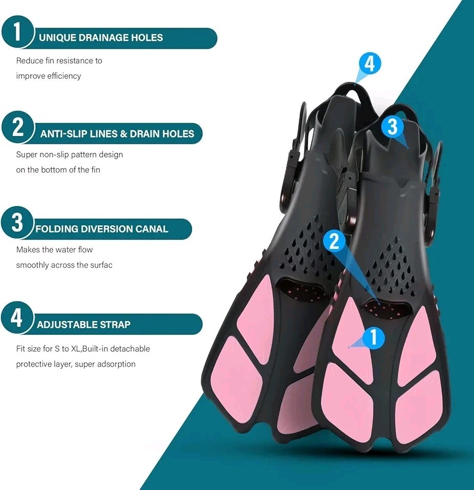 Pink Snorkel Set Fins Mask Foldable Dry Snorkel Food Grade Silicone (kids)