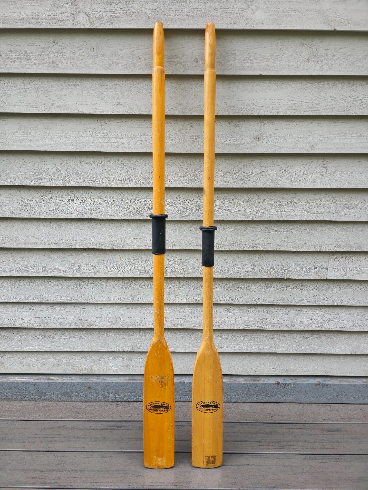 VINTAGE Old Wooden BLONDE Oars Paddles FEATHER BRAND Measures 59″